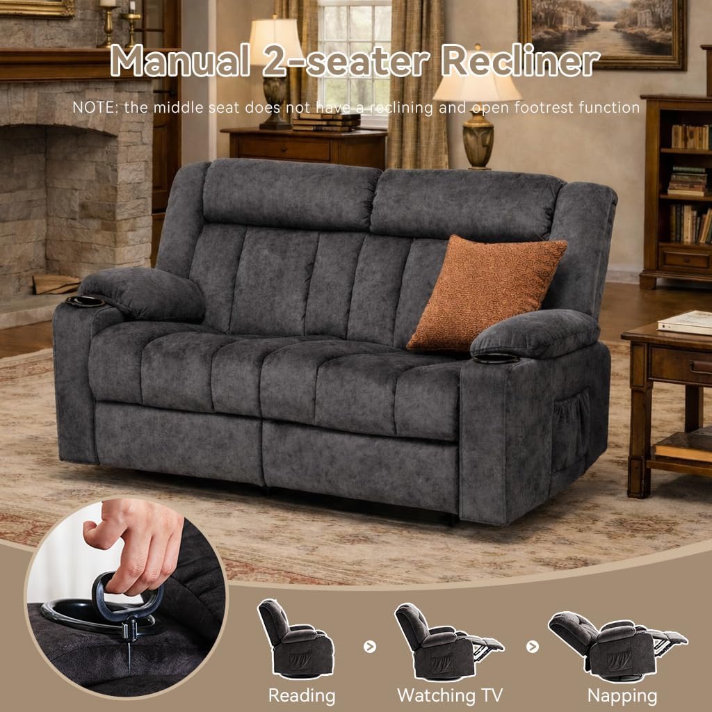 LUCKLIFE Recliner Sofa Set with Manual Recliners,Living Room Furniture Set with Reclining Couch,Loveseat and Armchair,Breathable Fabric Upholstery,Thick Cushions and Ergonomic Design,Dark Gray (2)