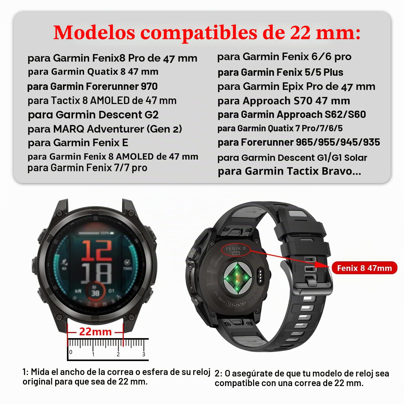 Silicona Puelsera Compatible con Garmin Fenix 8 pro 47mm/Fenix 7/7pro/6/6 pro/5,22mm Quickfit Banda de Correas para tactix 8/Quatix 8 47mm/Descent G2/G1/Forerunner 970/965/Approach S62/S70