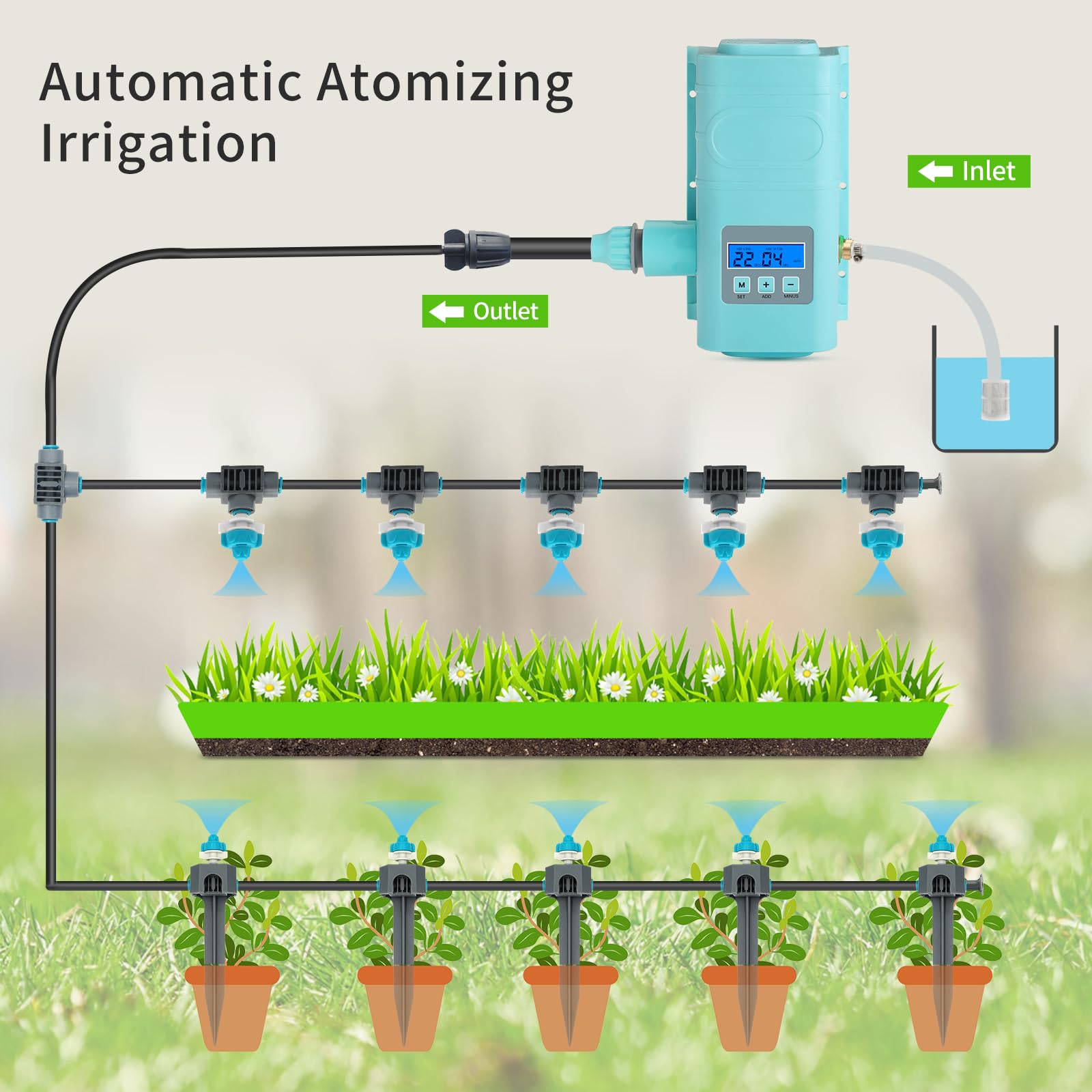 Kit de riego automático por goteo, pantalla LCD, admite 15 boquillas, con varios métodos de instalación para boquillas, sistema de riego automático para plantas, con temporizador