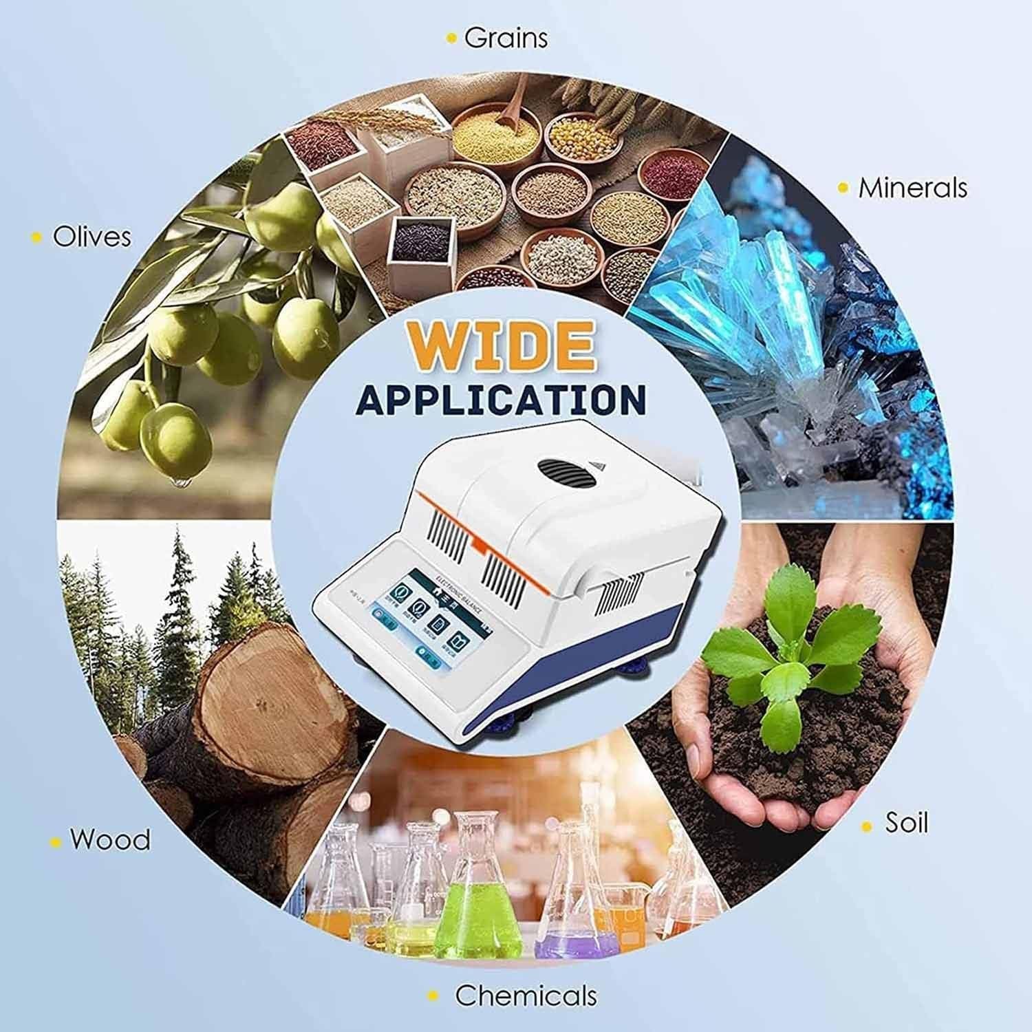 Analizador de humedad de laboratorio con pantalla táctil digital, medidor de humedad halógeno de 50 g/100 g, control de temperatura de 60 a 160 °C, for polvo, té, carne y alimentos.(50g/0.005g)