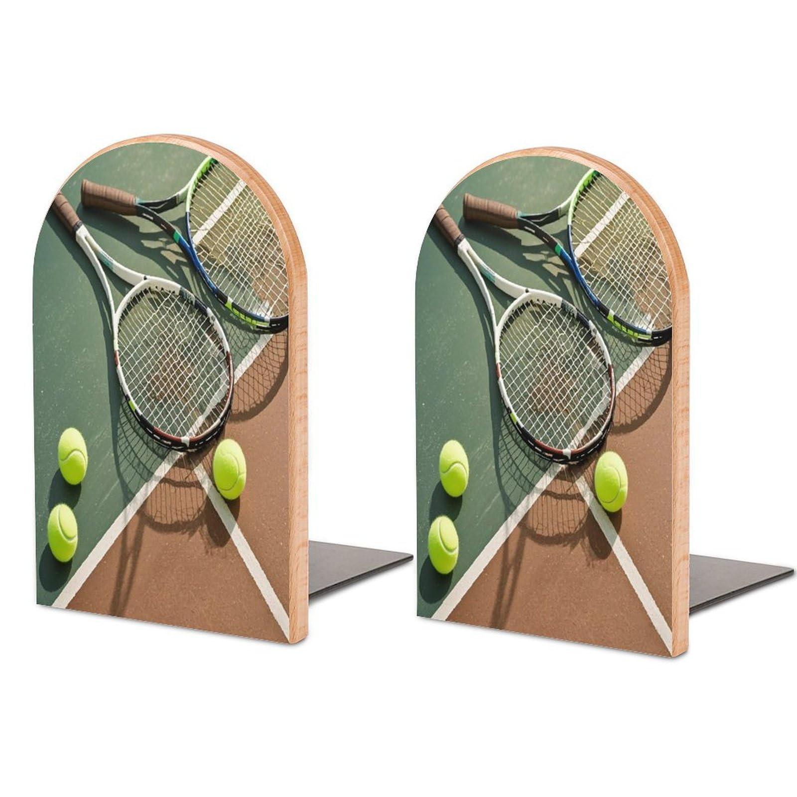 Tennis Racquets and Tennis Balls Bookends 1 Pair Heavy Duty Book Ends for Shelves Non-Skid Bookend Supports Wooden Book Holders with Metal Base Desk Organizers Books Storage to Hold Books