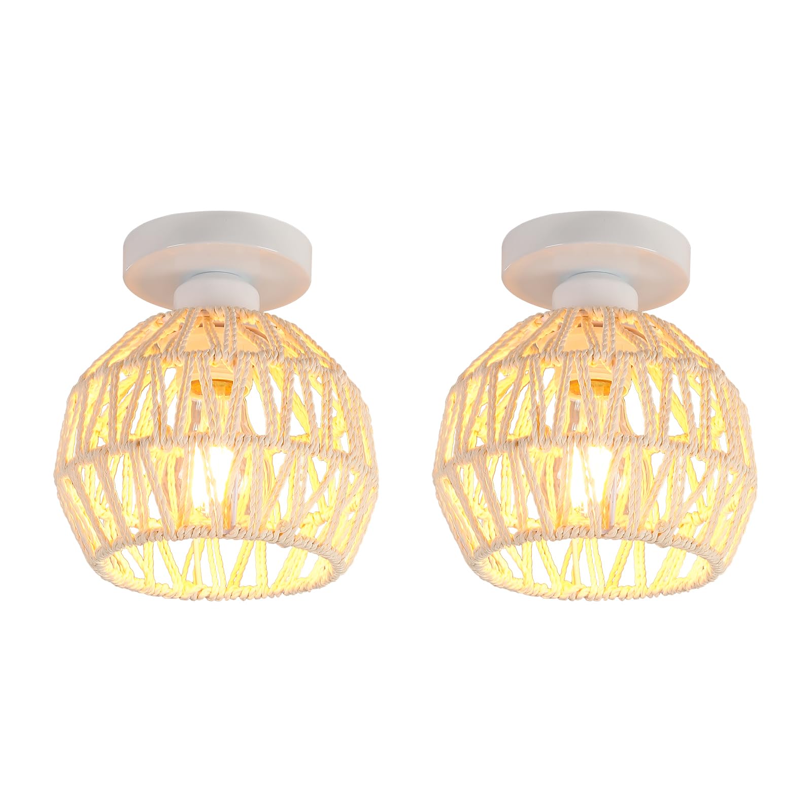 Lot de 2 Plafonnier Vintage E27 Lampe de Plafond Rétro Abat-jour en Métal et Rotin Luminaire Plafonnier Blanc pour Chambre à coucher Cuisine Couloir, Ø16cm
