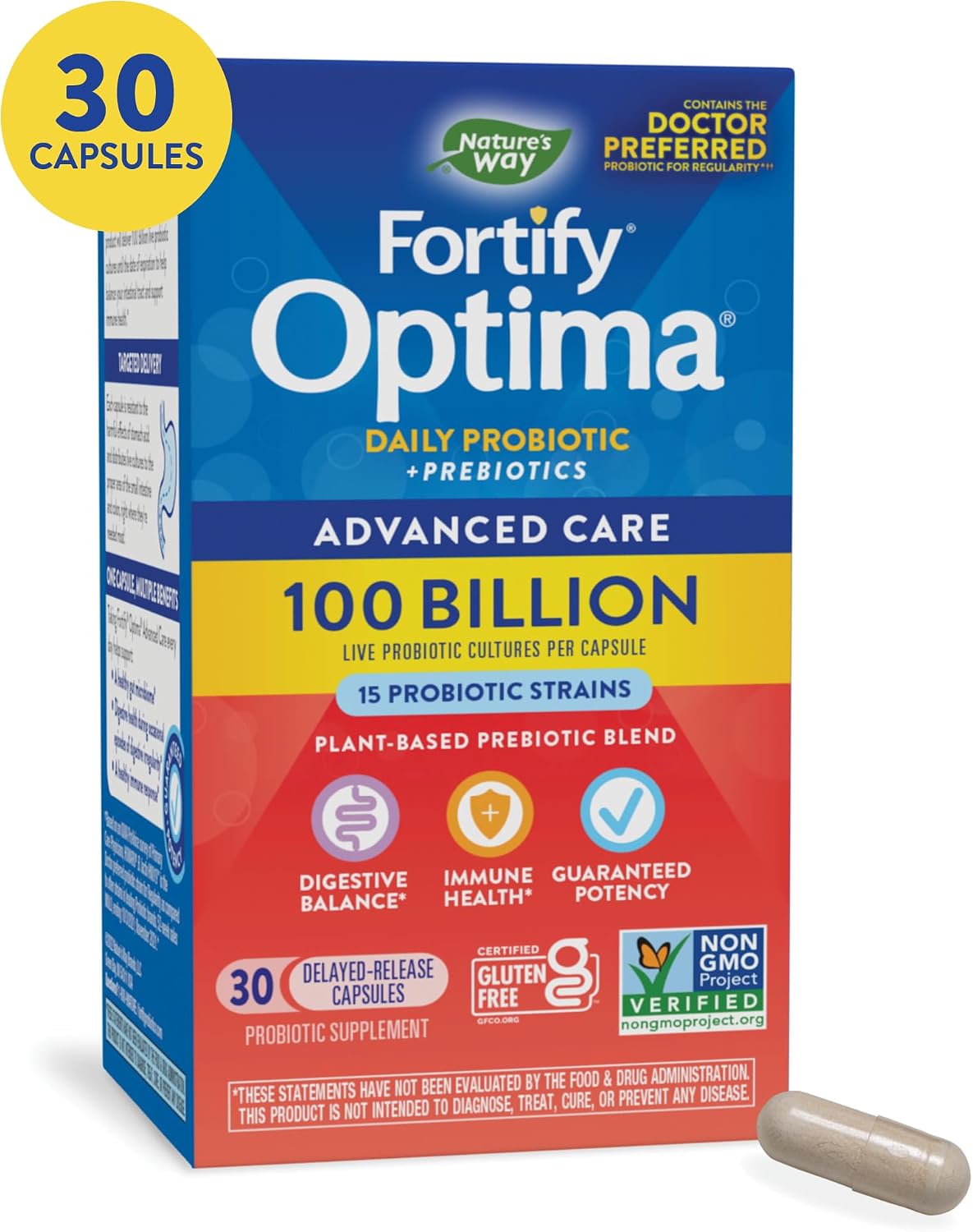 Nature’s Way Fortify Optima Daily Probiotic, 100 Billion, 15 Strains, Digestive & Immune Support*, with Prebiotics
