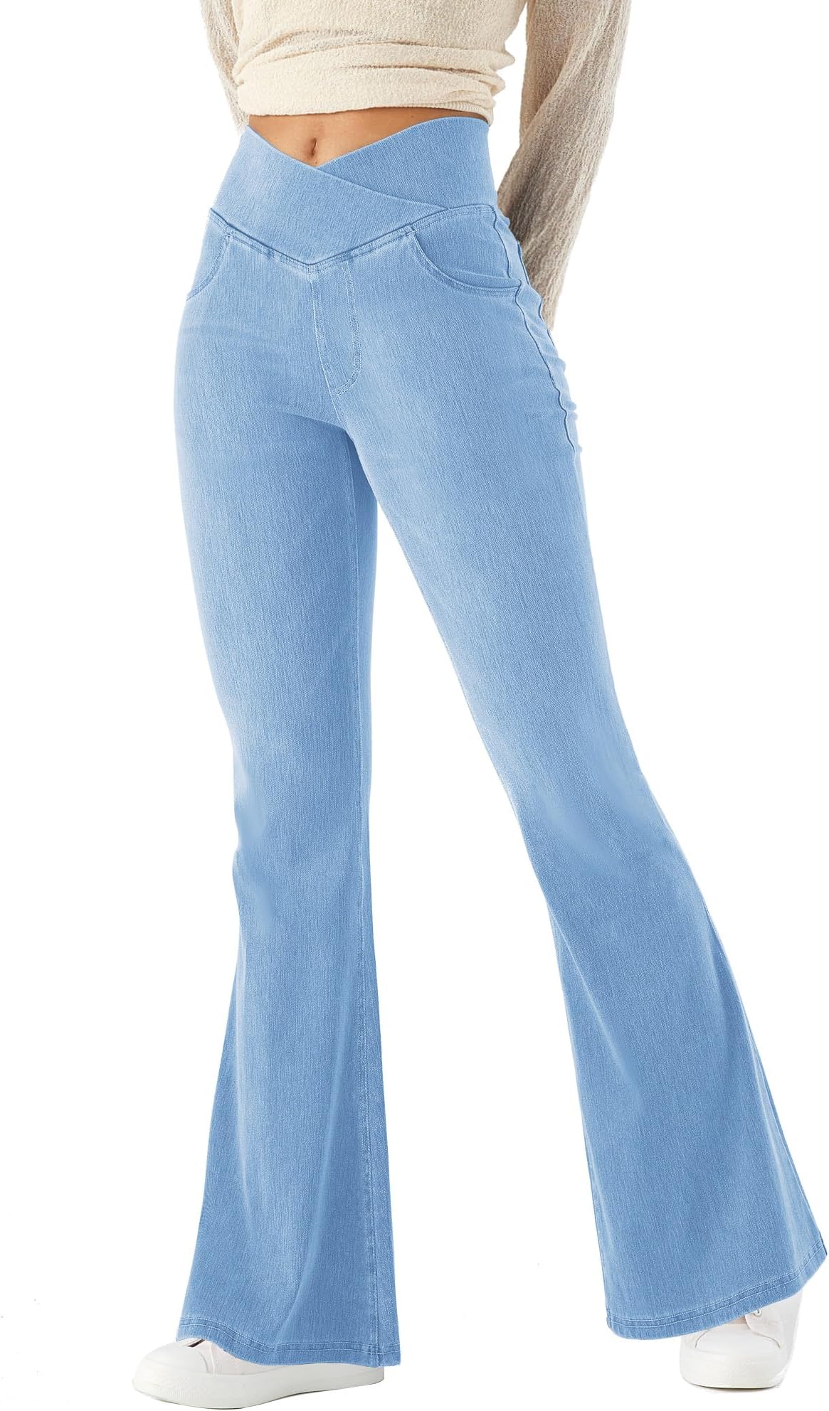 Women Bootcut Jeans V Crossover High Waist Pull on Tummy Control Casual Fitness Skinny Yoga Pants,Denim Highly Elasticity Soft Fabric,Flared Fitness Trousers with Side Pockets.