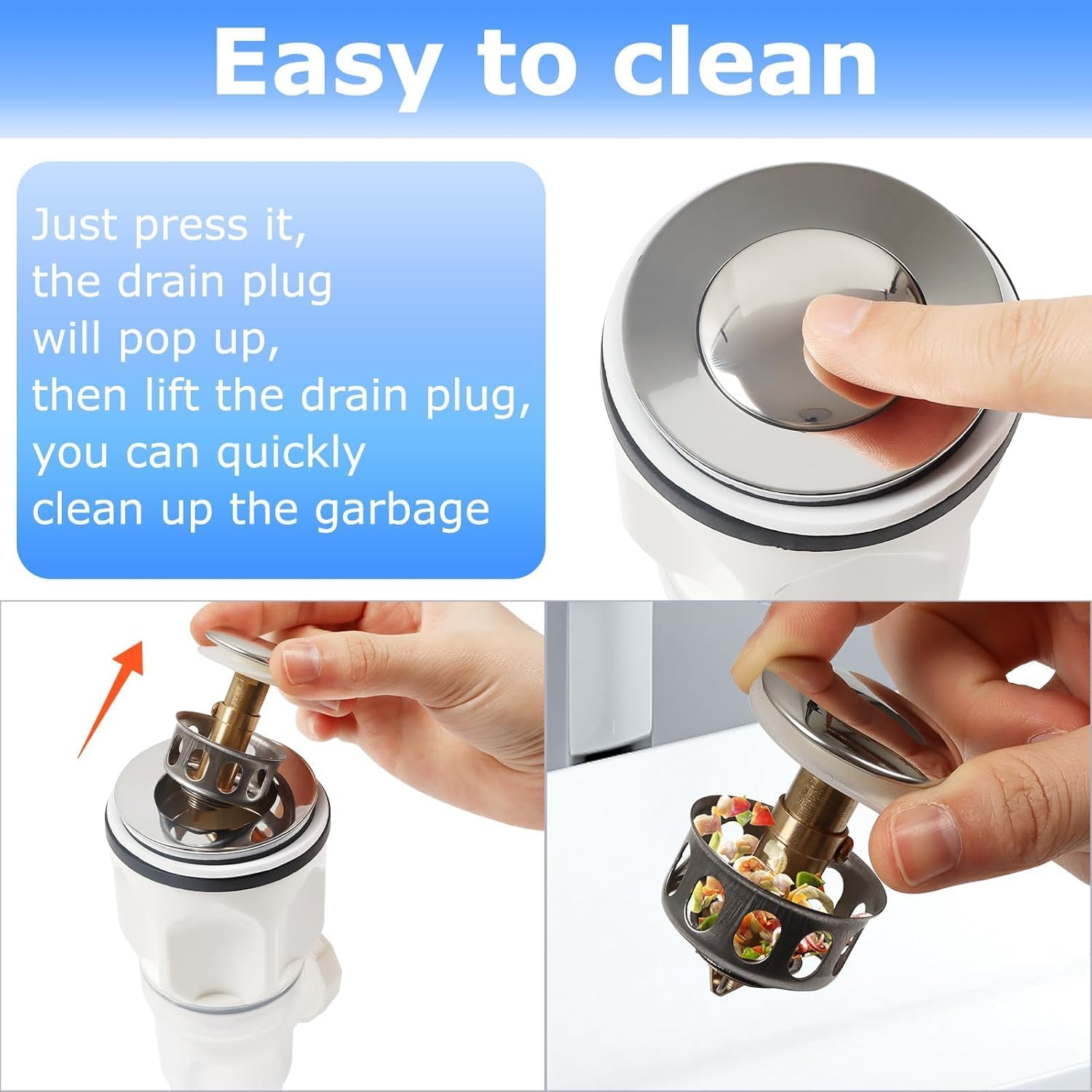 Bathroom Sink Drain Kit, Flexible P-Trap Sink Drain Pipe with Pop Up Stopper, Bathroom Sink Pipe Replacement Kit for 1-1/4'' & 1-1/2'' Holes, Anti-Clogging Stopper (White)