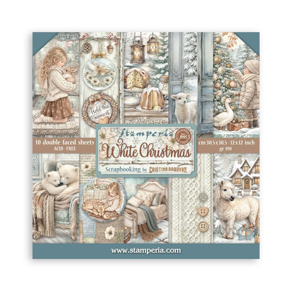 Stamperia - Scrapbook Paper Pad for Scrapbooks, Albums, Cards, Bullet Journals and More, Acid Free, Double-Sided, Perfect for Hobbies, Crafts, and Gifting (White Christmas) (30.5 x 30.5cm)
