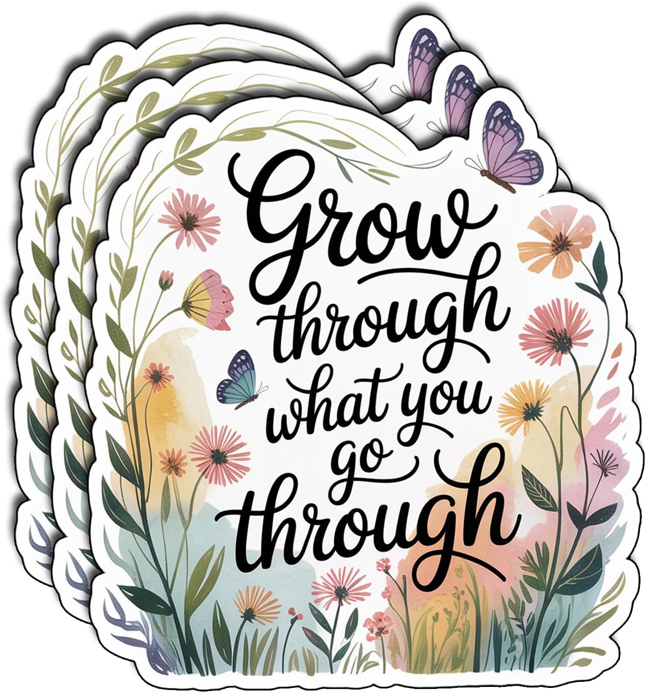 (3Pcs) Grow Through What You Go Through Stickers Inspirational Quote Floral Motivational Positive Gifts Waterproof Vinyl Decals for Laptop Water Bottle Size 3" x 2.5"