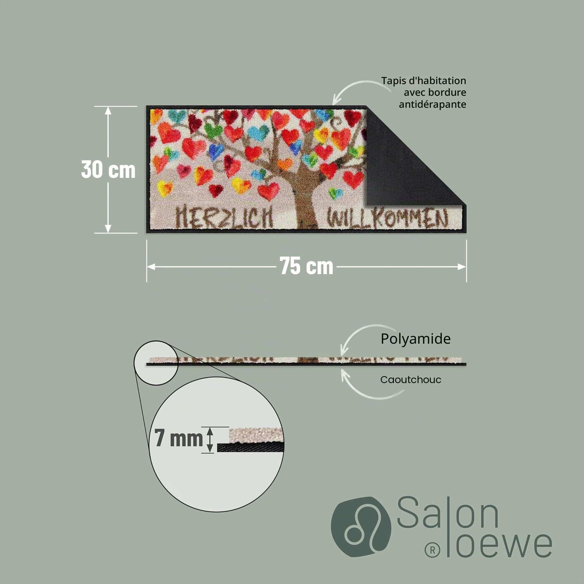 Salonloewe Parking à chaussures en forme de cœur - 030 x 075 cm - Paillasson pour l'extérieur - Pour l'intérieur et l'extérieur