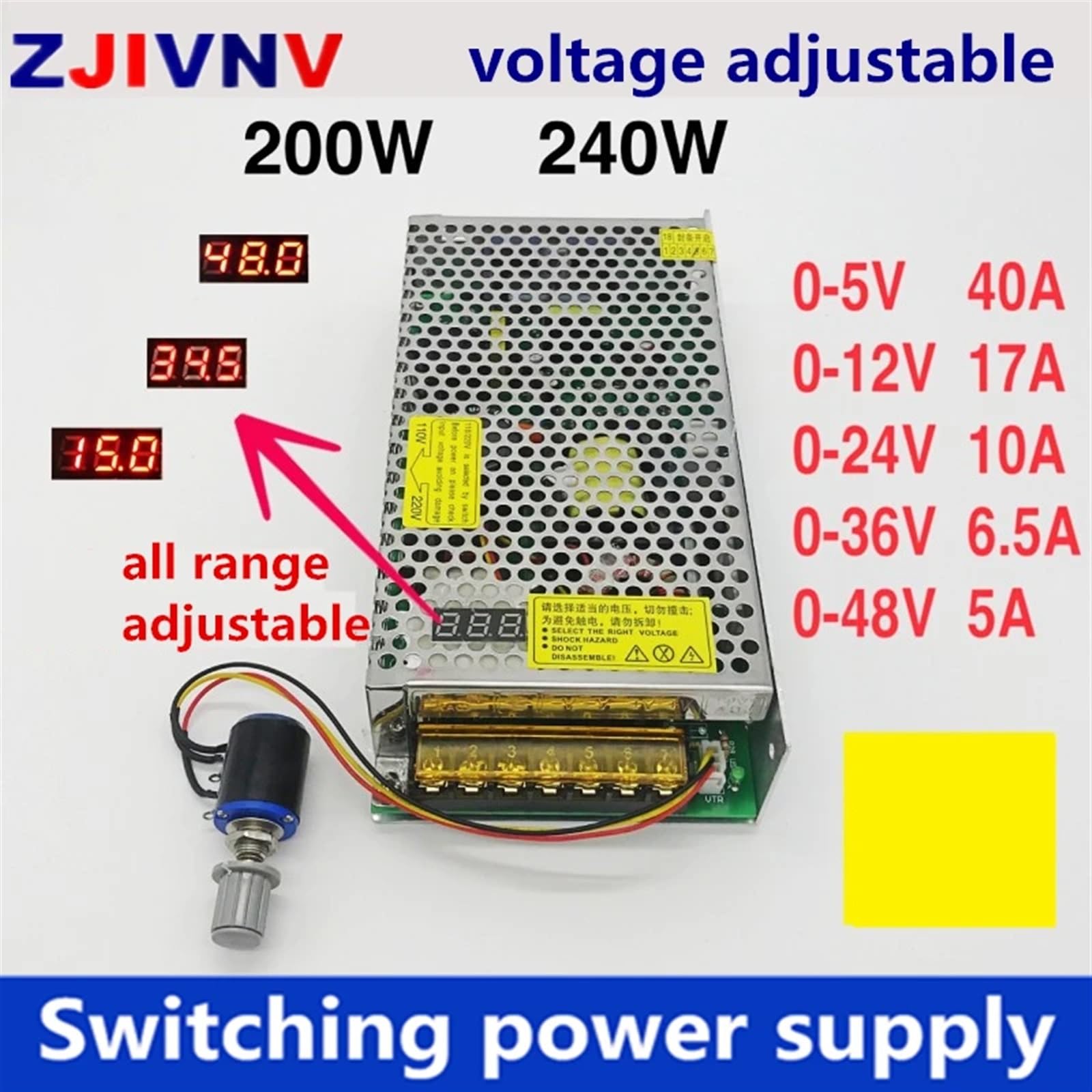 200W 240W 0-5V 40A 0-12V 17A 0-24V 10A 0-36V 6.5A 0-48V 5A Fuente de alimentación conmutada con Pantalla Digital LED Voltaje Ajustable(0-12V 17A)