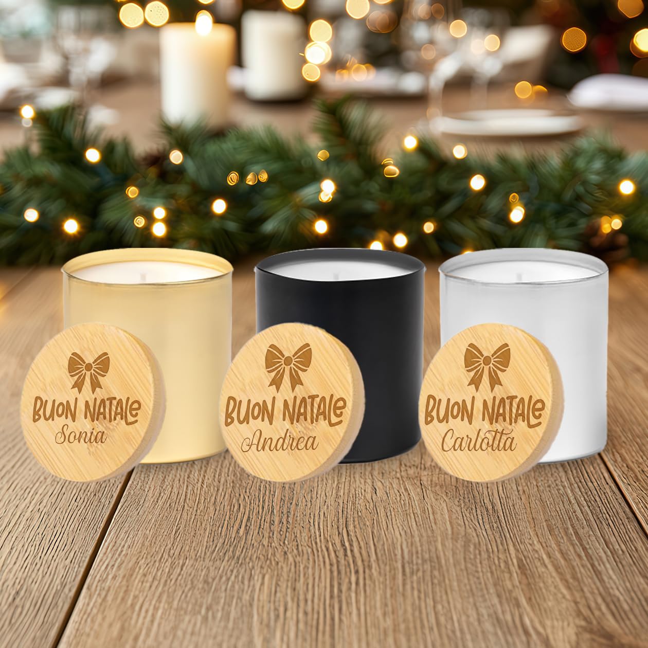 ''Buon Natale'' Set Regalo Natalizio di 3 Candele Profumate alla Vaniglia con Coperchi in Legno Personalizzati, Decorazione Natalizia per Famiglia idea regalo natale personalizzata
