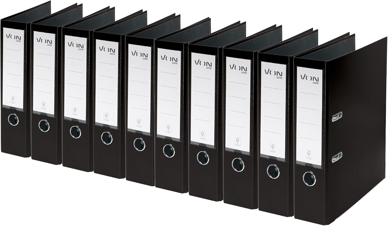 VON Leitz A4 Folder, Pack of 10, Cardboard with Plastic Cover, 80 mm Spine Width, for 600 Sheets, Blue Angel & FSC Certified, for School, Study & Home, Black, 10550095
