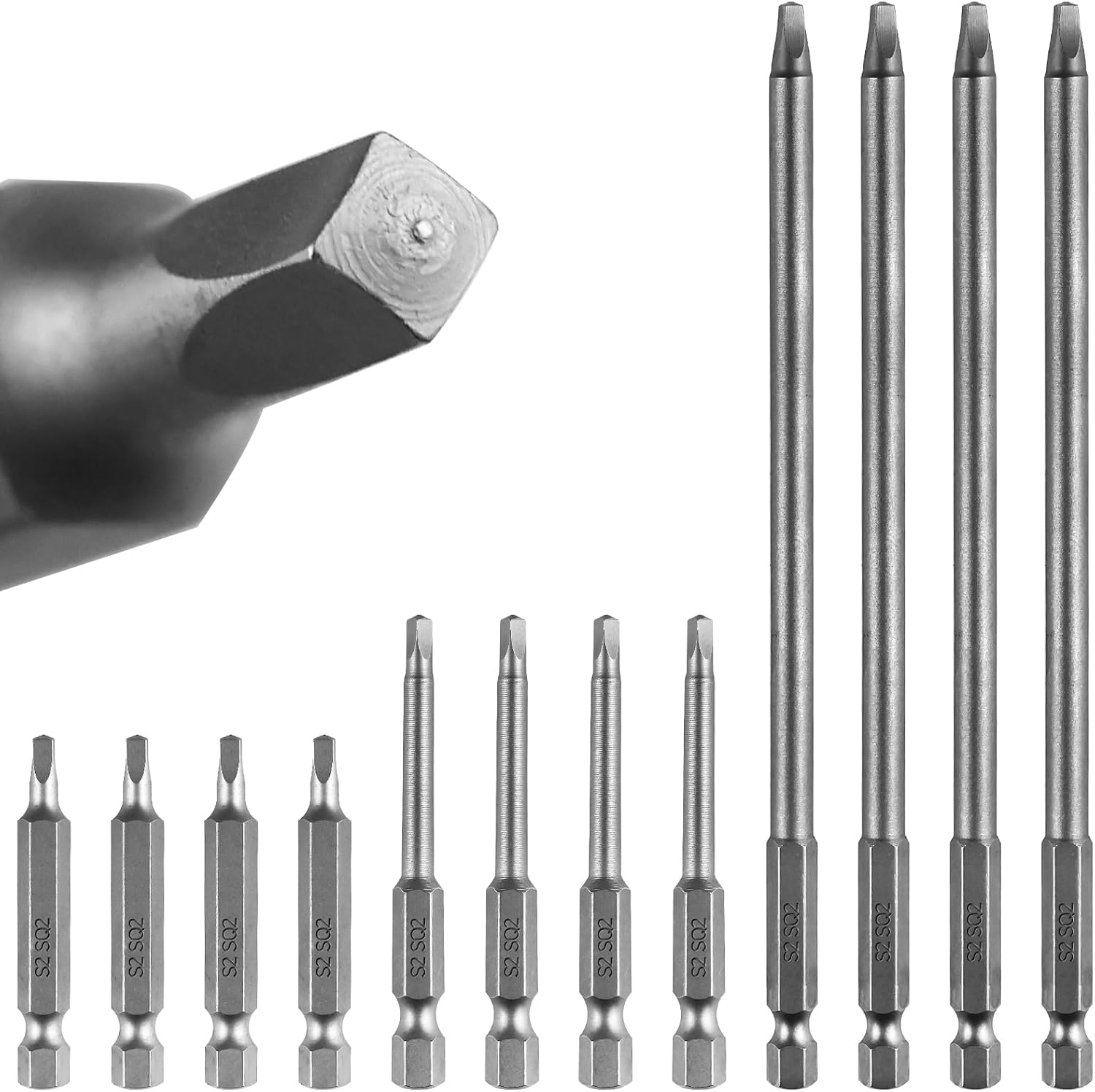 Square Drive Bits 12pcs Magnetic Square Head Screwdriver Bits SQ2 High Magnetic Drill Bit Set (50mm 65mm 150mm) for Power Screwdriver Drill Impact Driver