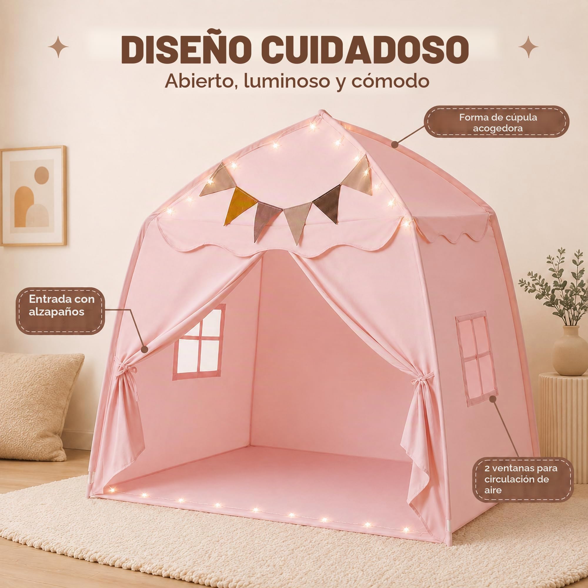 Tienda de campaña de cúpula rosa para interior y exterior, extra grande, plegable, 150 x 100 x 150 cm, tienda de campaña portátil para interior con ventanas, guirnalda de banderines y luz de estrellas