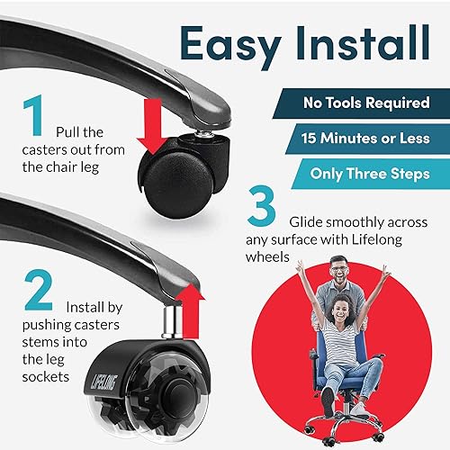 Miniatura 29 de Lifelong Ruedas de repuesto de goma para sillas de oficina, ruedas resistentes de 2 pulgadas para suelos de madera dura y alfombras, juego de 5,