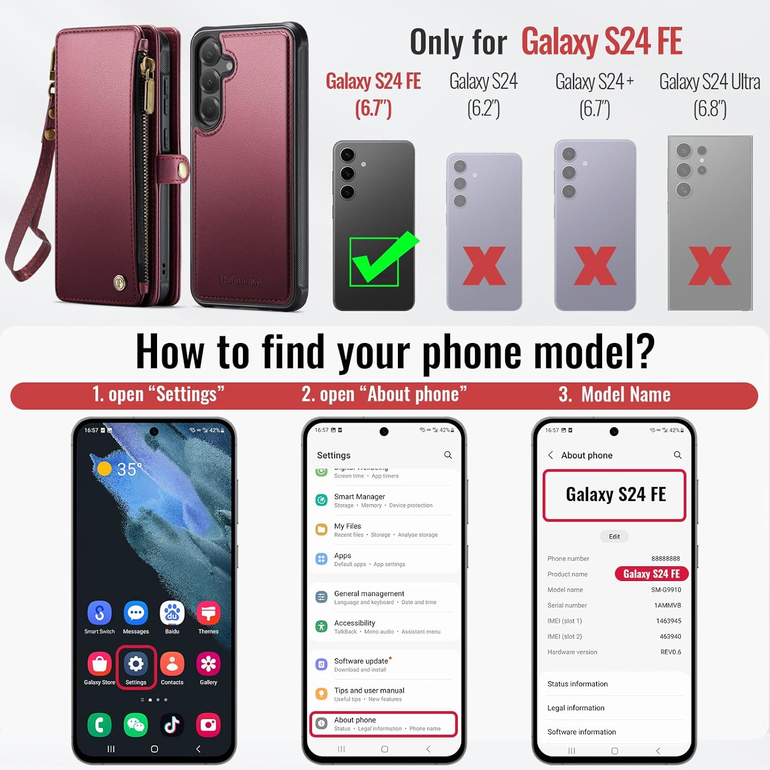 Defencase for Galaxy S24 FE Magnetic Wallet Case Compatible with Magsafe RFID Blocking Zipper Card Holder for Women Men PU Leather Strap Detachable Case for Samsung Galaxy S24 FE 5G 6.7", Wine Red