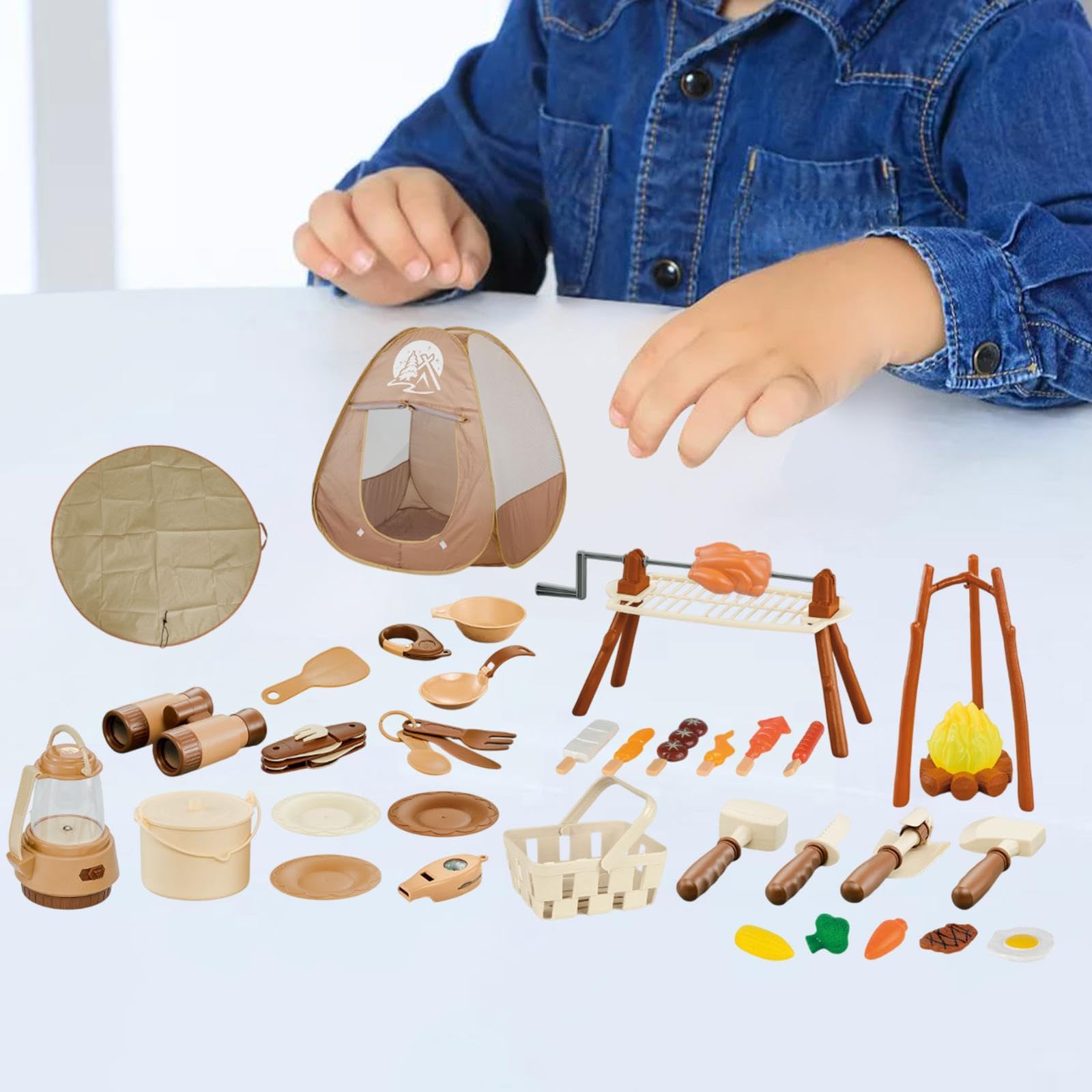 Almencla 35 Stück Kinder Camping Spielzeug Set mit Spielzelt Abenteuer Grill Lagerfeuer Kochutensilien Aus PP Material für Camping Indoor Outdoor Rollenspiel, 43 Stück