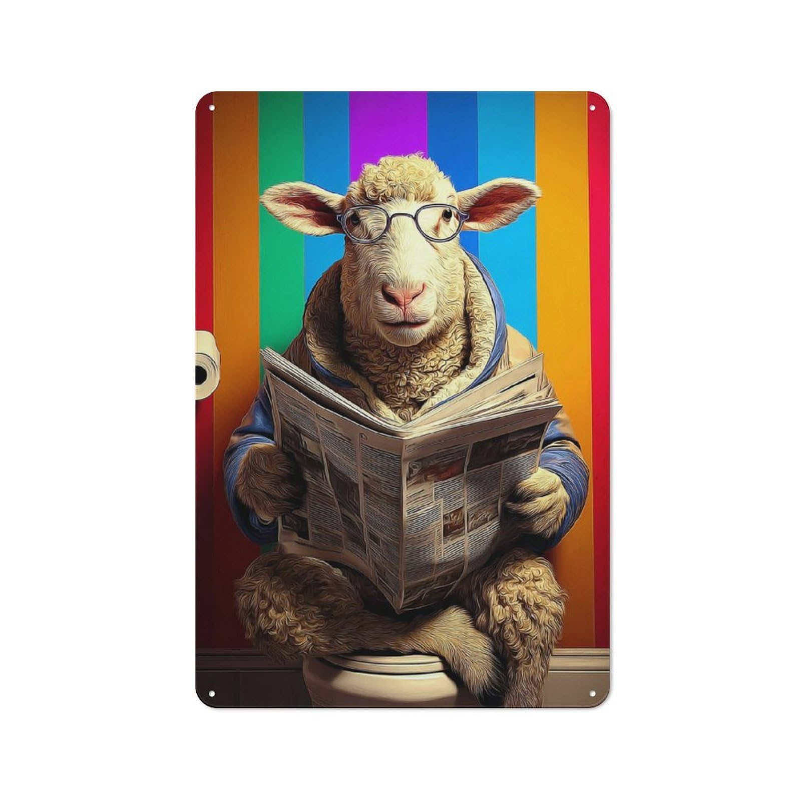Junmoney Sheep Reading Newspaper On Toilet-2 Cottage Metal Wall Decor 30X20cm, Shed Metal Sign For Patio Bar, Workshop, Shed Or Kitchen