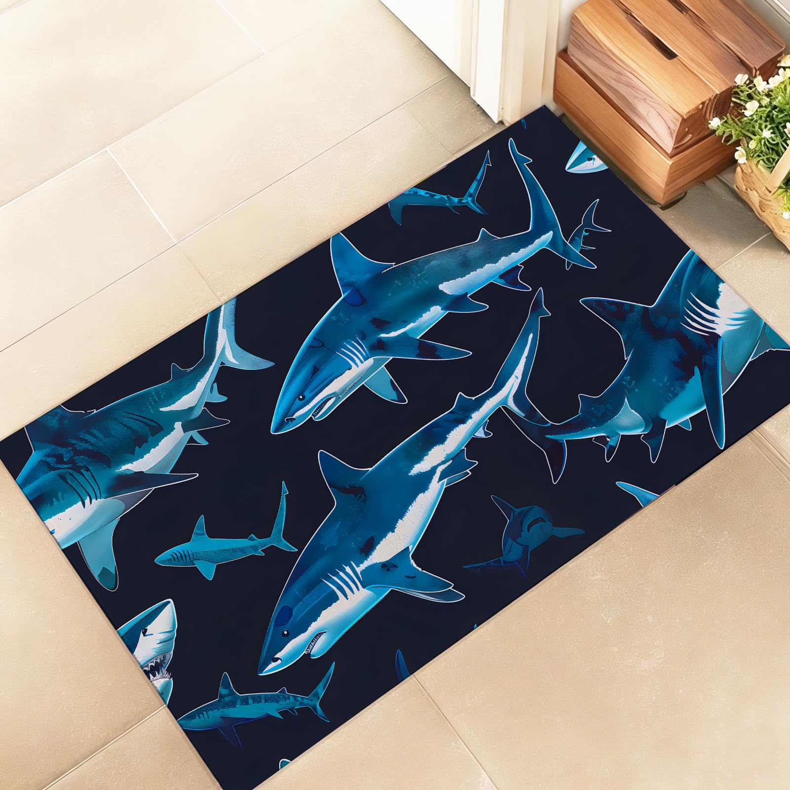 amepay Cool Shark Attack Indoor Door Mat – Stylish 17x29.5in Non-Woven Fabric Floor Doormat with Bold Blue Fish Design, for Porch Insider,Bedroom,Living Room - Ocean Nautical Marine Decor Rug Gitfs