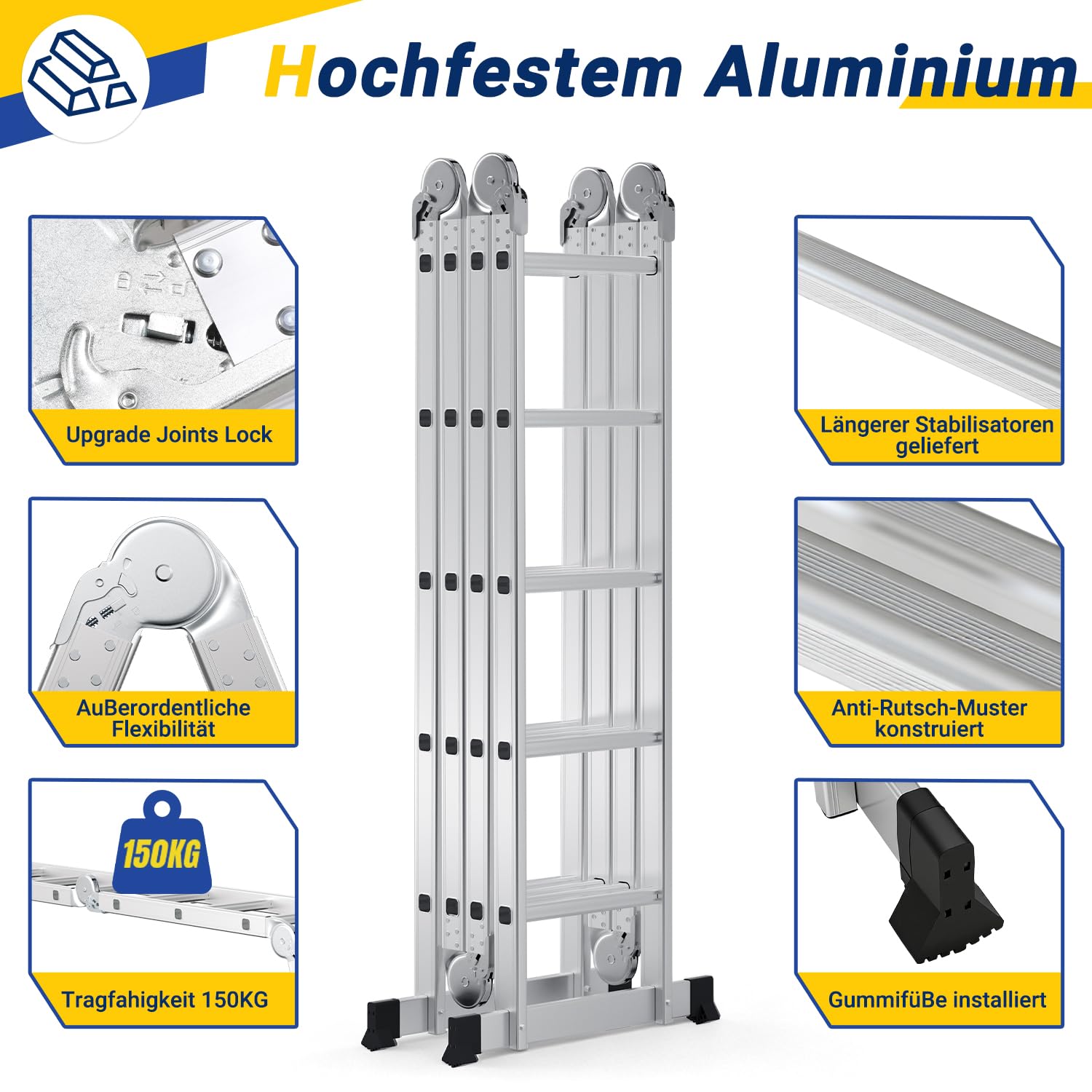 Wielofunkcyjna drabina 4 x 5 stopni 578 cm, 7 w 1 aluminiowa drabina wielofunkcyjna do 150 kg, składana drabina przegubowa, wielofunkcyjna drabina domowa