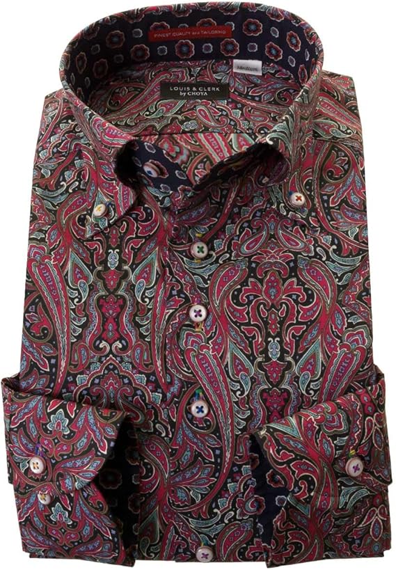 Amazon ルイス クラーク ドレスシャツ ワイシャツ シャツ メンズ 国産 長袖 コンフォート 着丈短め 胸ポケット無 ボタンダウン ダマスクペイズリー総柄プリント ブラック ワインレッド S シャツ 通販