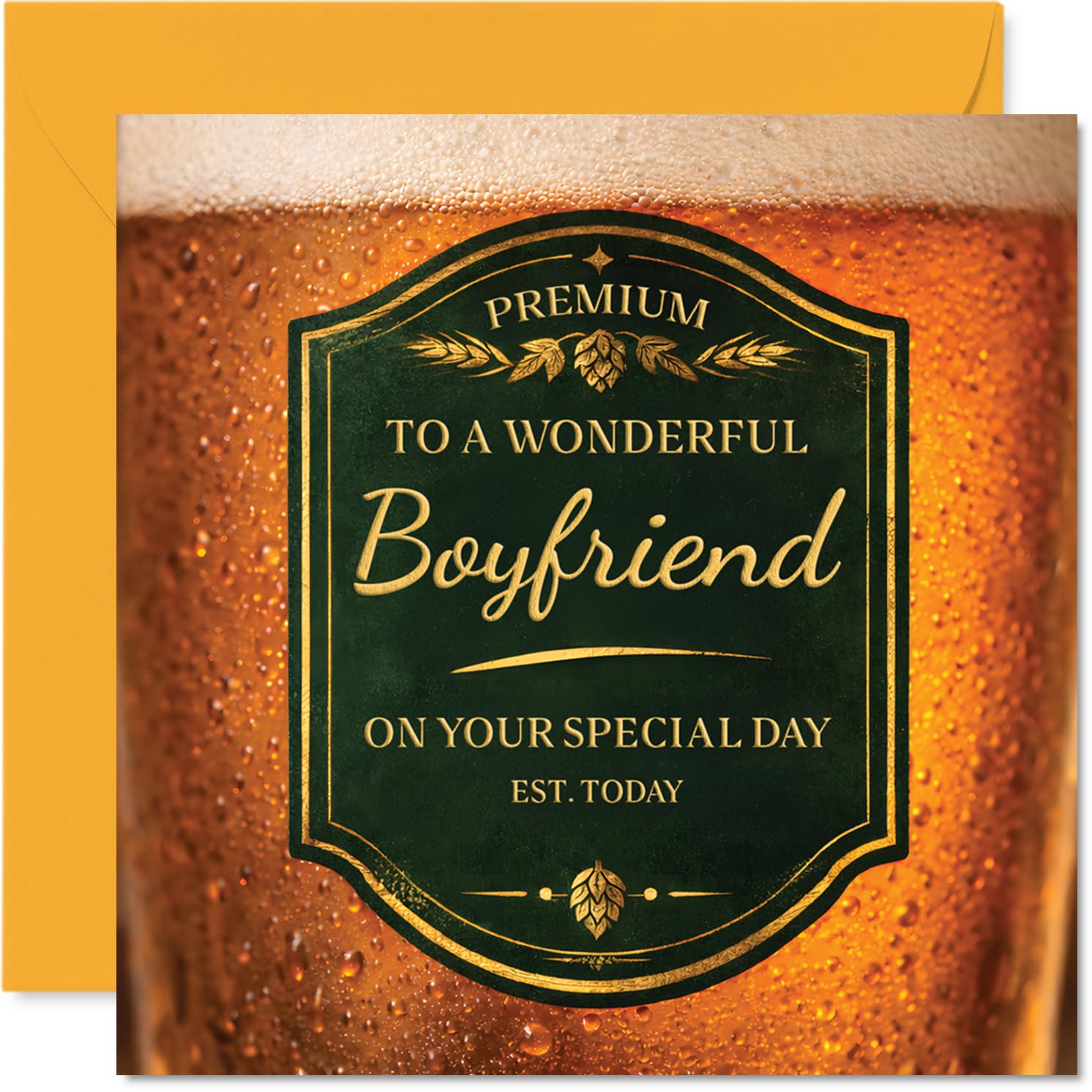 Heartfelt Birthday Card for Boyfriend - Raise a Glass to Him - Premium Beer Motif in Rich Amber and Gold - Cheers to Your Wonderful Other Half - 145mm Square, Envelope Included