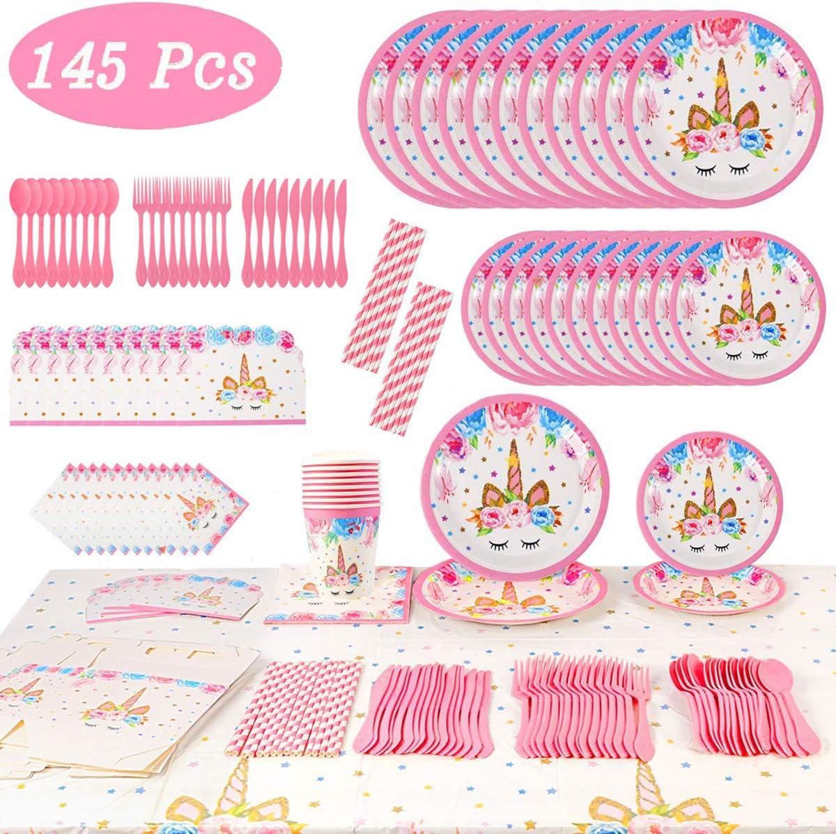 145 Pcs Unicorn Party Supplies Favors, Flatware, Spoons, Plates, tablecloth, Cups, Straws, Napkins, invitation cards , Dreamy Unicorn Birthday Party Favor Pack Set