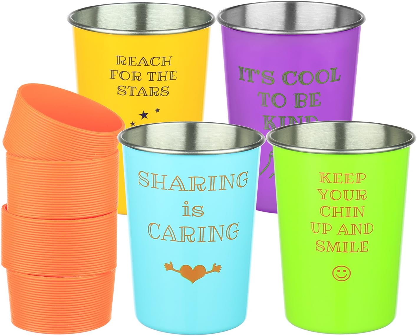 Bapon Organix Stainless Steel Drinking Cups w/ Silicone Sleeves (Kids 4-Pack) Stackable, Unbreakable, Reusable | Indoor & Outdoor Use | Inspirational Child-Friendly Sayings