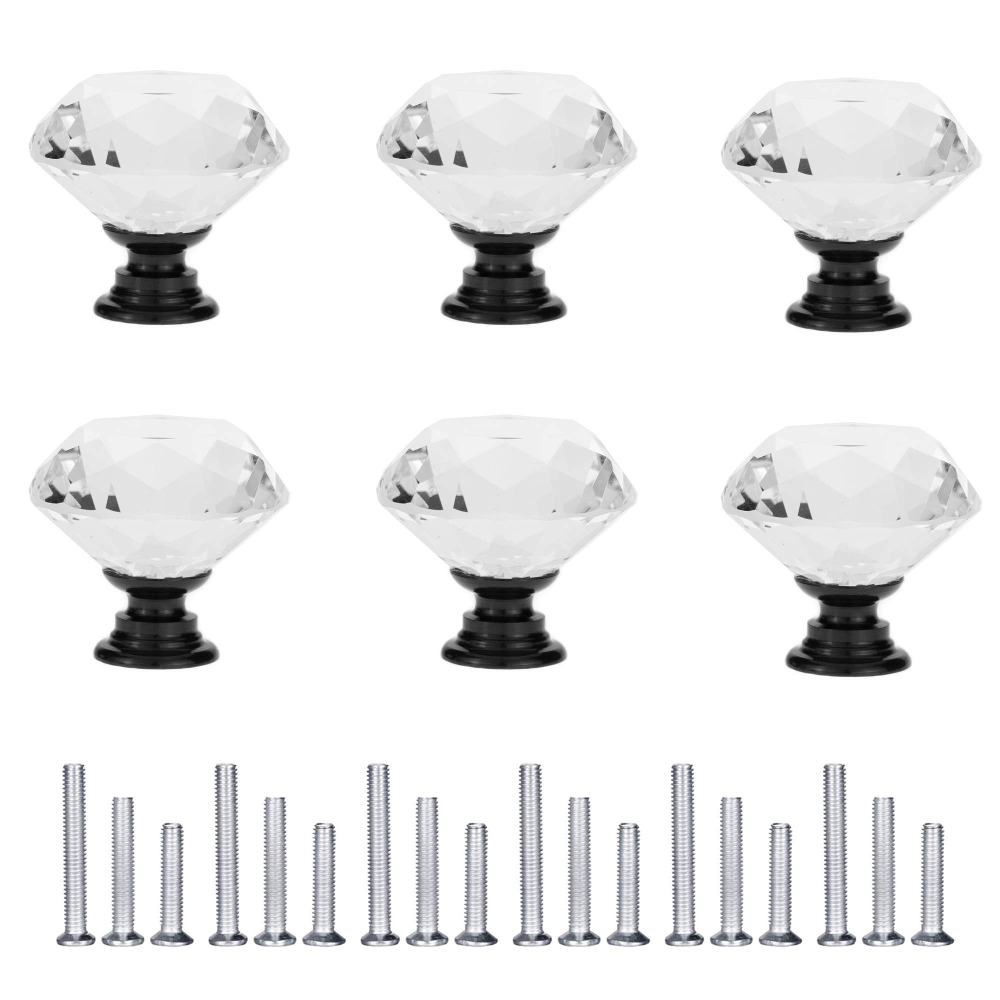 6 Pack Drawer Pulls Dresser Knobs Drawer Knobs Drawer Handles Crystal Knobs Drawer Pulls and Knobs Cabinet Door Knobs Glass Knobs with Screws (30 mm, 6 Pack, Black)