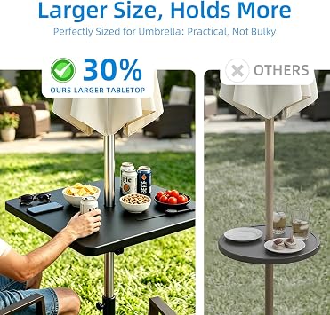 Outdoor Umbrella Table Tray with Hooks, 16.54 Square Black ABS Plastic, Adjustable, Fits 1.5 Umbrella Pole for Beach, Backyard, Poolside, Garden, Patio