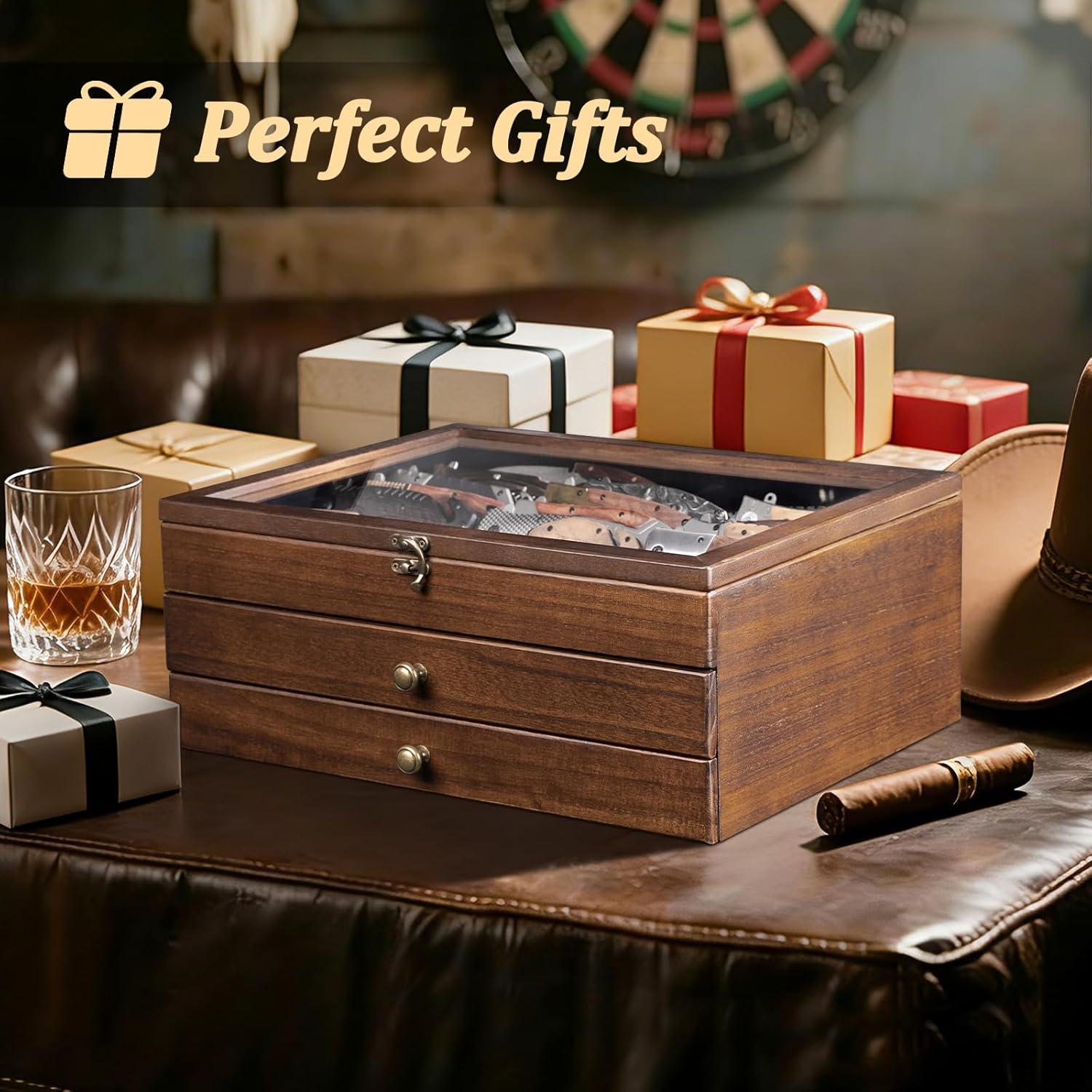 Large Knife Display Case, 3-Tier Pocket Knife Organizer and Storage Box with Transparent Lid & Drawer, for Folding Knife and Dagger Collections, Ideal Men's Gift(Walnut)