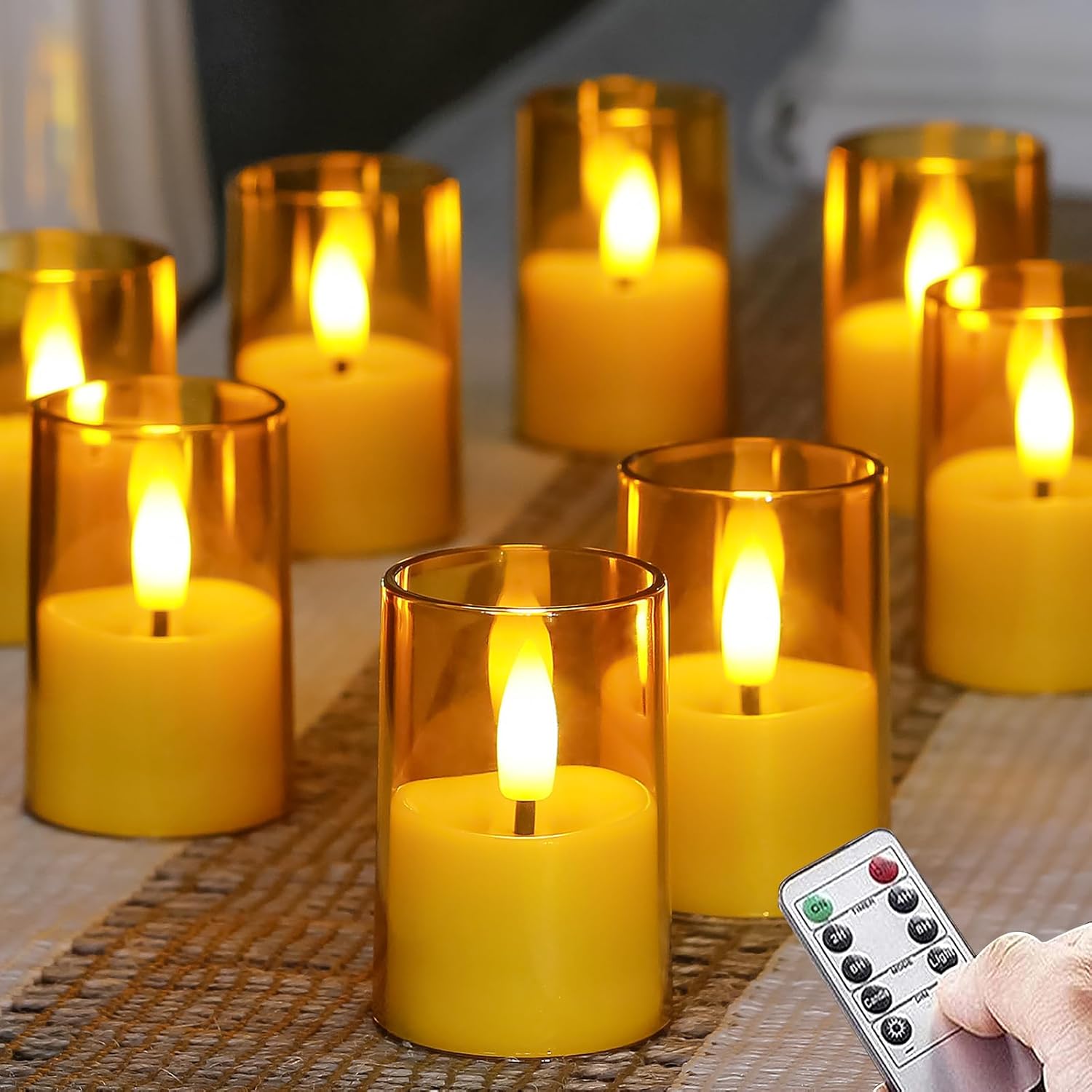 Flameless Small Tea Light LED Candles, Acrylic Battery Operated Votive 1.7" x2.5" with Remote Control and Timer, Tealight Amber Flickering Warm Light Pack of 8 Electric Long Lasting