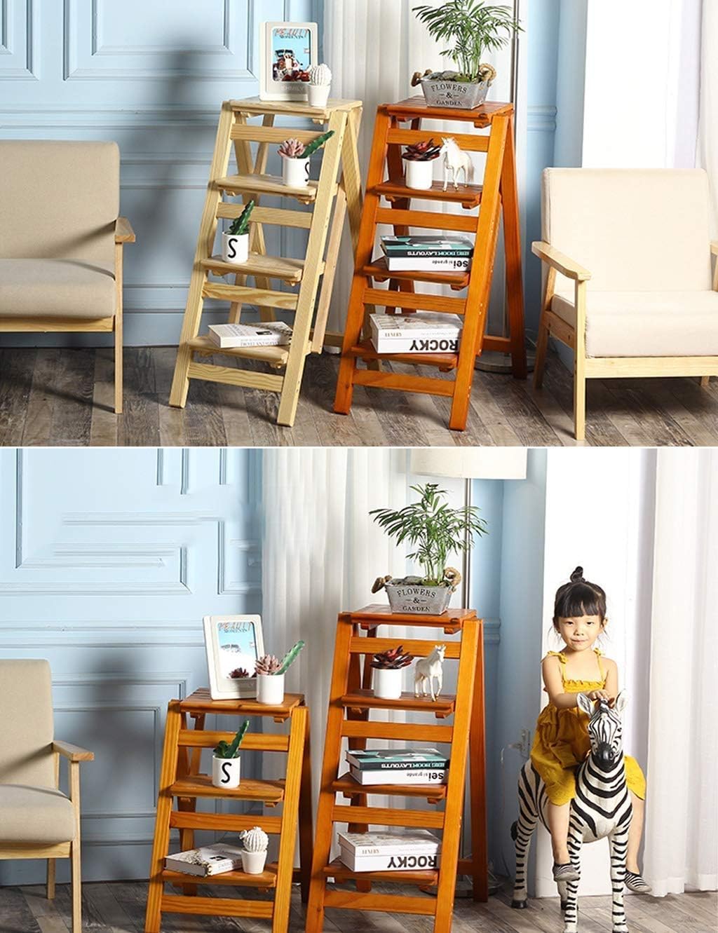 Folding Step Ladder Stools Multi-Functional 4-Steps Ladder Flower Stand Rack