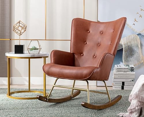 Miniatura 1 de EALSON Mecedora de cuero para guardería, silla mecedora tapizada con respaldo de ala, con base de madera, moderna y cómoda, para dormitorio, sala de