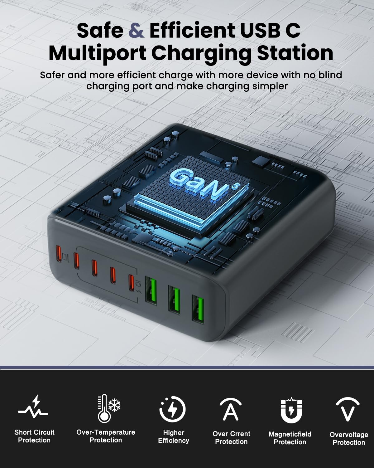 BURUDU Bloc de charge USB C 500 W, station de charge USB C à 8 ports, charge rapide PD 120 W, adaptateur de chargeur pour ordinateur portable MacBook Pro/Air/tous les iPad, DELL, iPhone 17/16/15/14/13