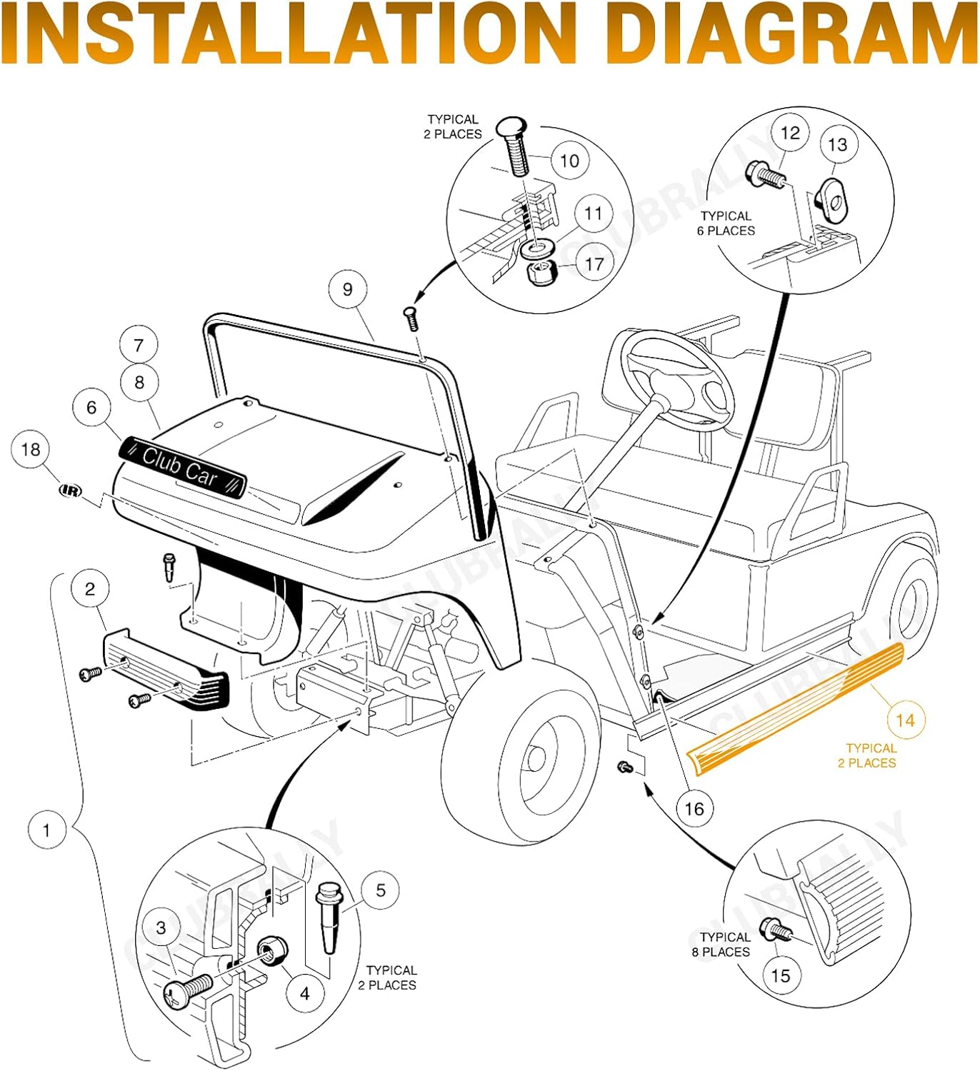 Golf Cart Floor Edge Guard Sill Protector, 2 PCS Anti-Collision Rubber Side Bumper Trim for Club Car DS 1987-Up, OEM#1013983/101347501（42.5" L×2.6" W）
