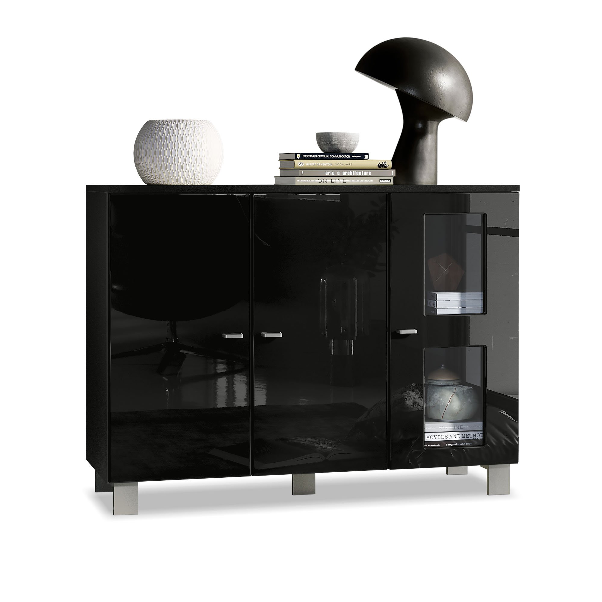 Vladon Sideboard Cupboard Denjo, Carcass in Black matt/Front in