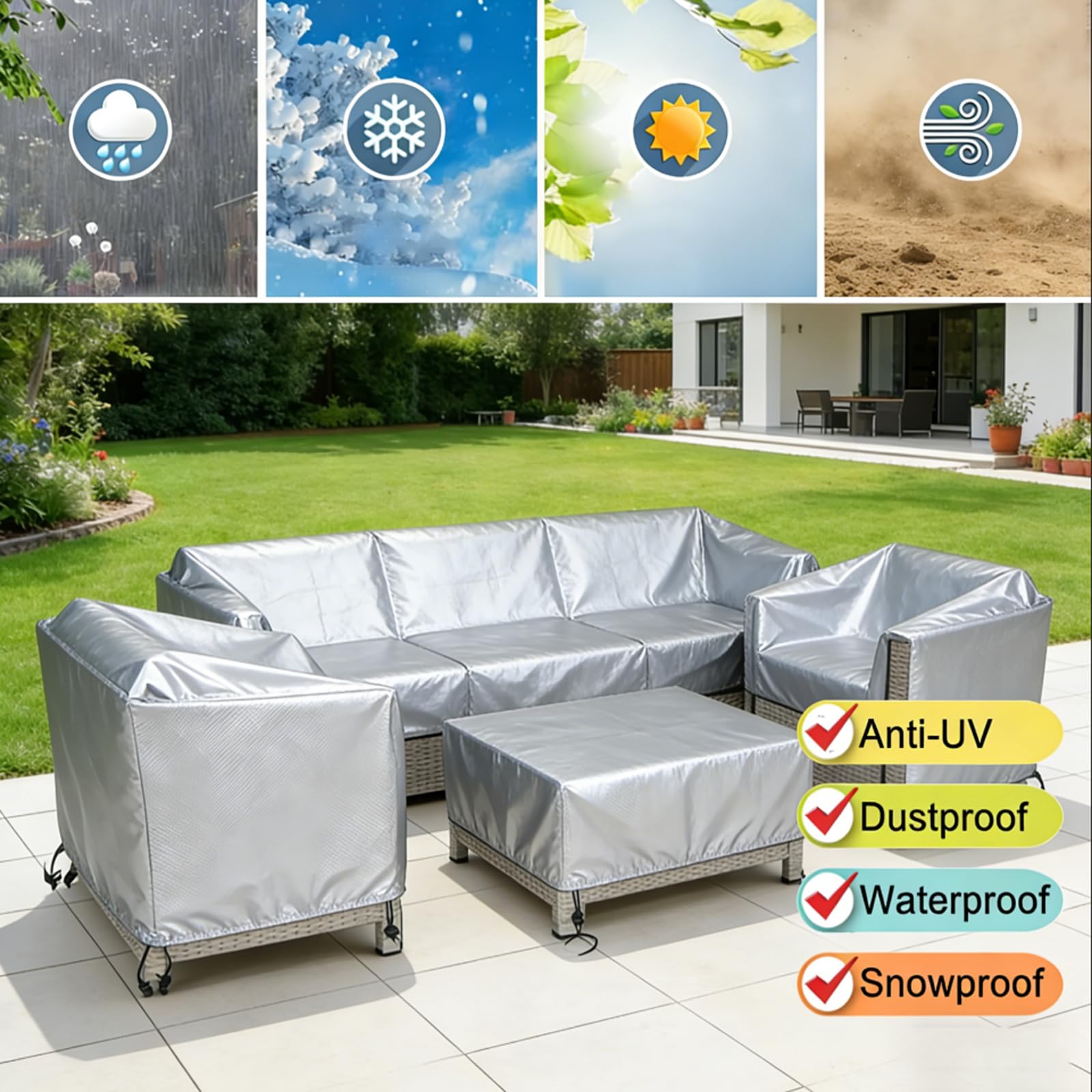 Zewnętrzny pokrowiec na meble ogrodowe 300 x 150 x 120 cm / szer. x wys. pokrowce na meble ochrona salonu ogrodowego, wodoodporna osłona ochronna, kwadrat/prostokąt z liną i blokadą klamry