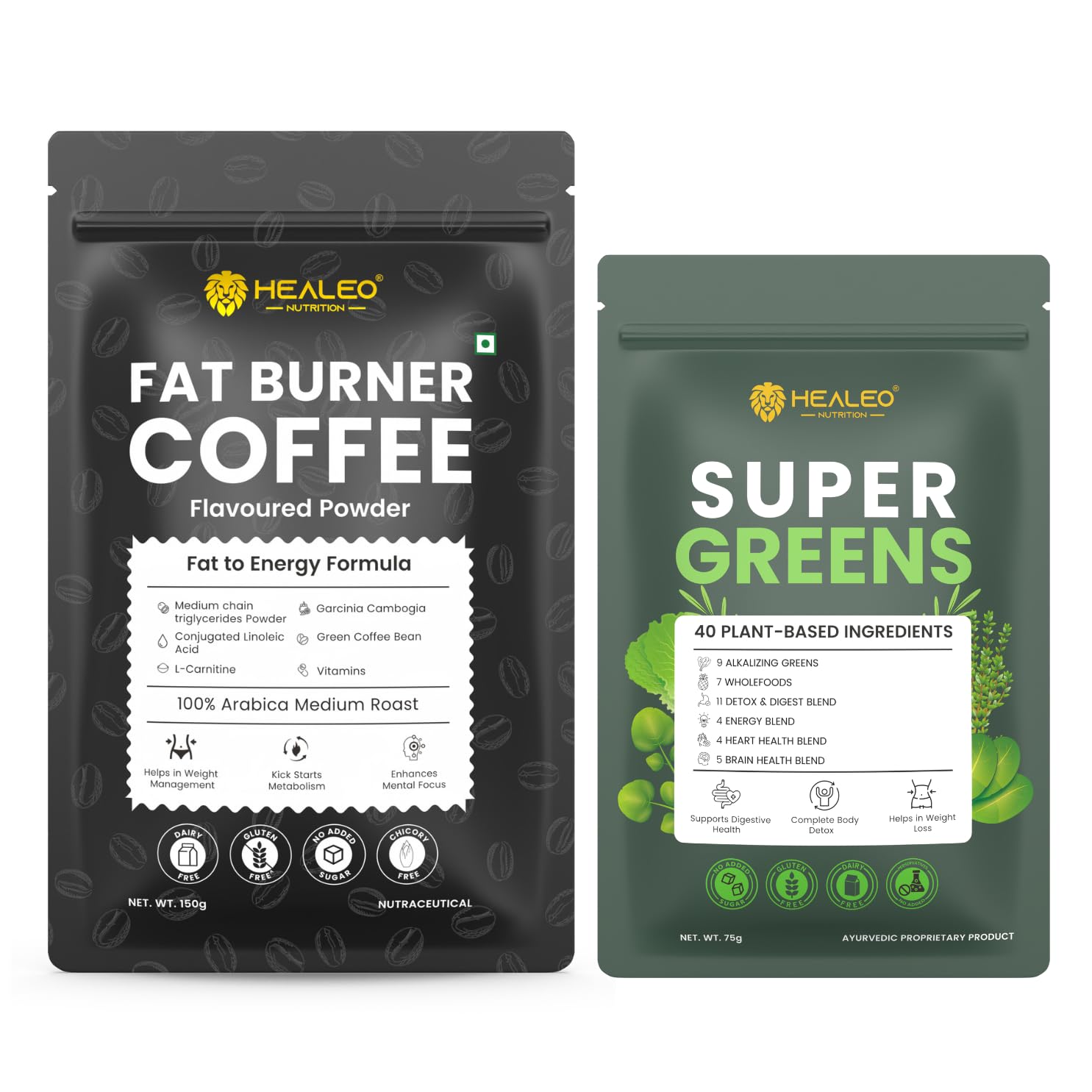 HEALEO Weight Management & Daily Wellness Combo | Fat Burner Coffee with MCT, L-Carnitine & Green Coffee Bean + Super Greens Powder with 40 Plant-Based Ingredients | Metabolism, Detox & Digestive Supp-image-2