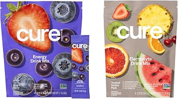 Cure Hydration | Plant-Based Electrolyte Drink Mix | Energy & Dehydration Bundle | No Sugar | Coconut Water |100mg Caffeine | Non-GMO | Vegan | 14-Pack Acai Berry & 8-Pack Tropical Variety