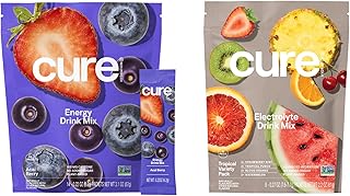 Cure Hydration | Plant-Based Electrolyte Drink Mix | Energy & Dehydration Bundle | No Sugar | Coconut Water |100mg Caffeine | Non-GMO | Vegan | 14-Pack Acai Berry & 8-Pack Tropical Variety