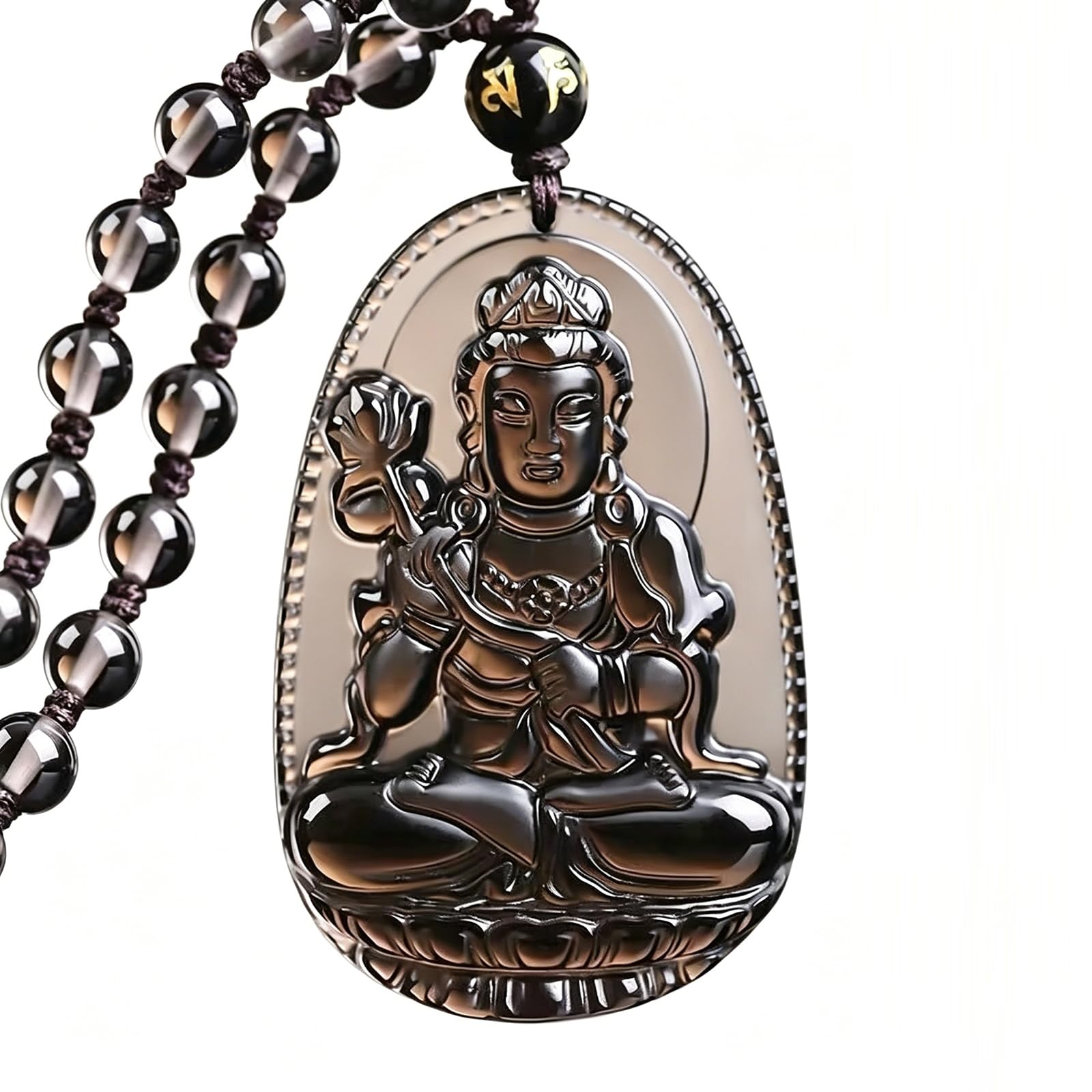 Phhxkkuo Black Obsidian Chinese Zodiac Guardian Buddha Pendant Necklace - Akasagarbha Samantabhadra Manjusri Bodhisattva Jewelry for Men Women Ben Ming Nian Gift,L,52 * 35 * 12mm
