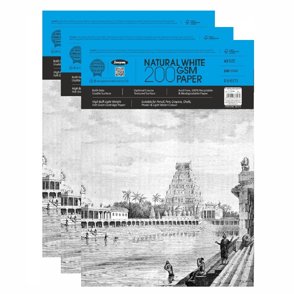 Anupam Sketching & Drawing Paper 200GSM A3 Pack of 3 for Sketching & Drawing with Pencil, Charcoal, Graphite, redchalk Pastel, Chalk, Oil Pastel & Wax Crayon for Artists and Beginners