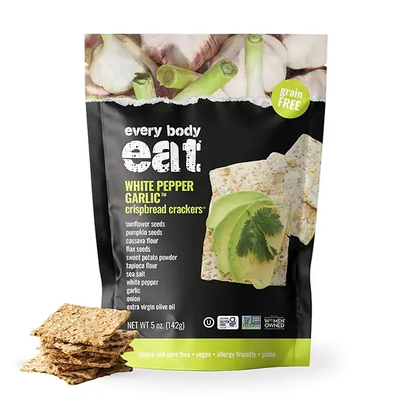 Every Body Eat Crispbread Crackers, White Pepper & Garlic - Gluten Free, Grain Free, Dairy Free, Vegan, and Seed Oil Free, 5 Ounce 1