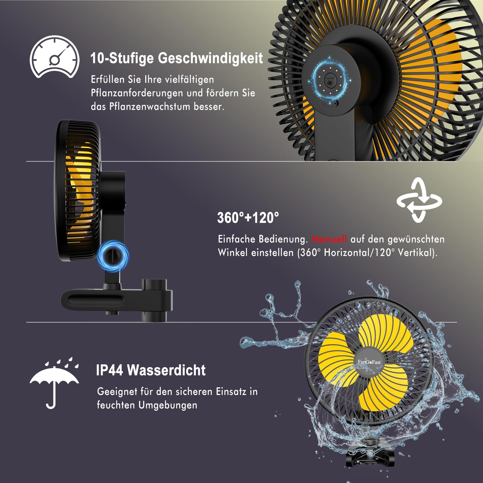 FanGoFast Grow Ventilatore con Clip 10W, Ventilatore Manualmente Oscillante, EC Motore, 10 Velocità Silenzioso Clip Fan per Grow Tent