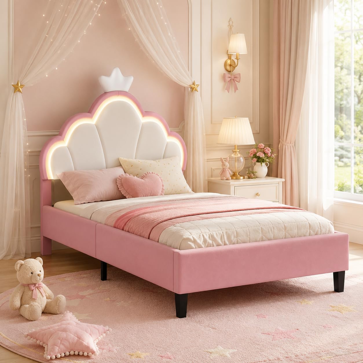 DULRLLY Letto bambini imbottito 90x200 cm, letto singolo con strisce LED regolabili e Testiera a forma di corona, letto Principessa con rete a doghe per bambini ragazze e adolescenti