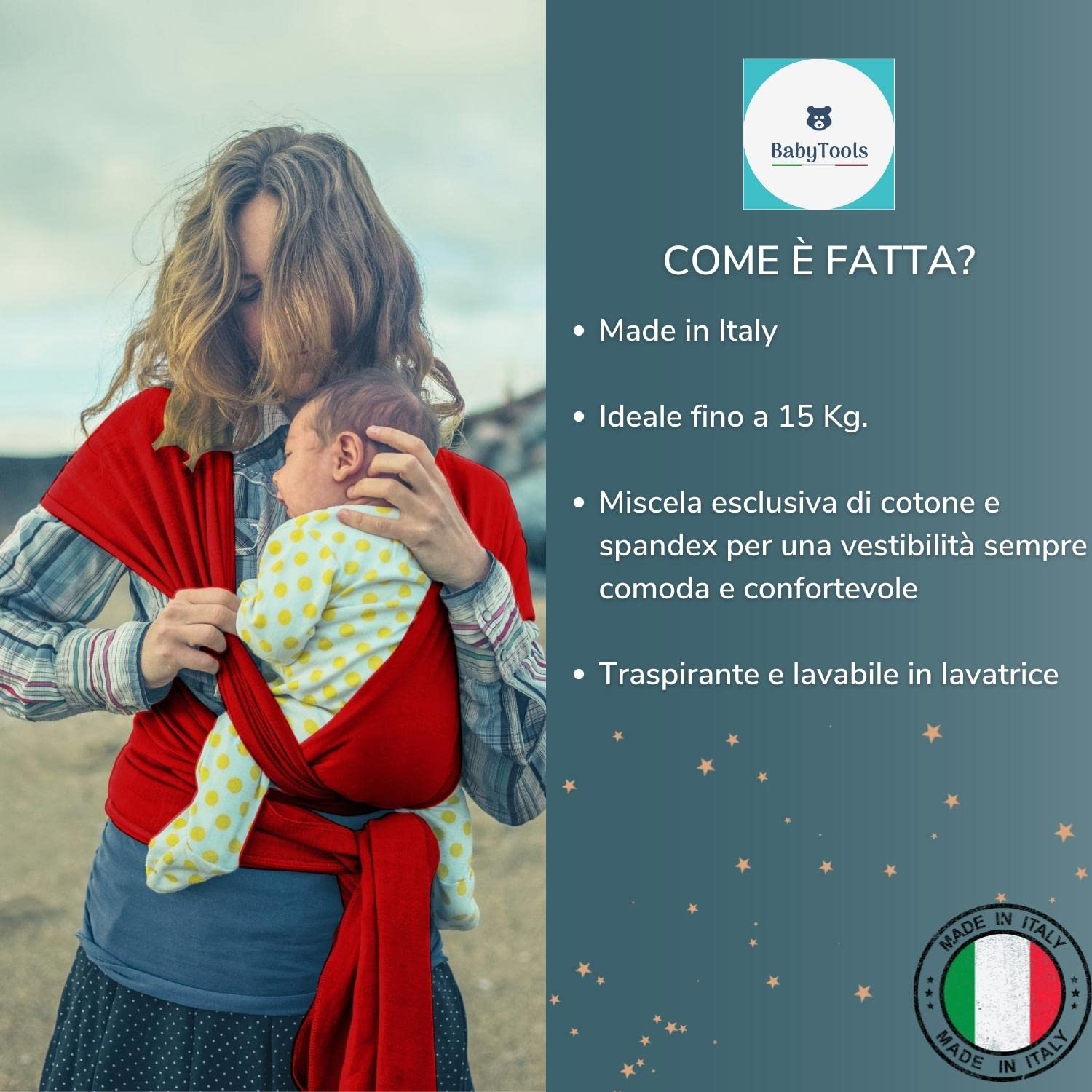 Fascia Neonato (100% Made In Italy) Con 2 BAVAGLINI INCLUSI, Fascia Porta Bebe In Cotone Organico, Fascia Neonato Porta Bebe In Tessuto Morbido, Leggero, Traspirante, Adatta Fino A 15 Kg