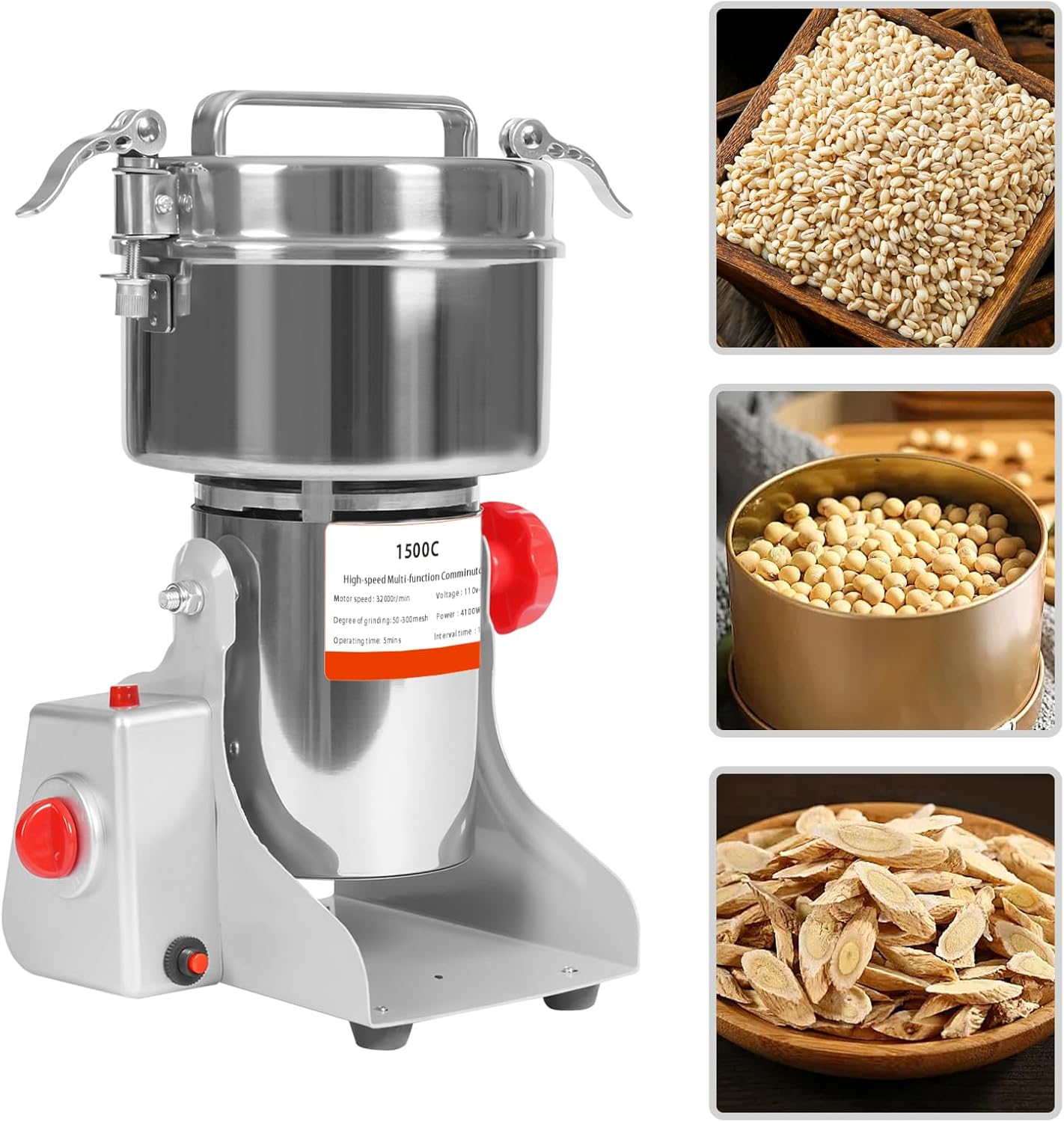 5000W Electric Grain Grinder, 1500g High Speed Multi-function Dry Food Mill with a filter, Stainless Steel Grain Grinding Machine with 180° Tilt for Grains Herbs Spices, Commercial & Home Use (1500g)