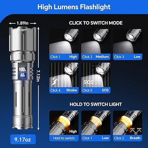 Miniatura 2 de Yemao Linternas de alto lúmenes recargables con 8 modos, linternas tácticas con lámpara de campamento cálida, linterna LED brillante con zoom con