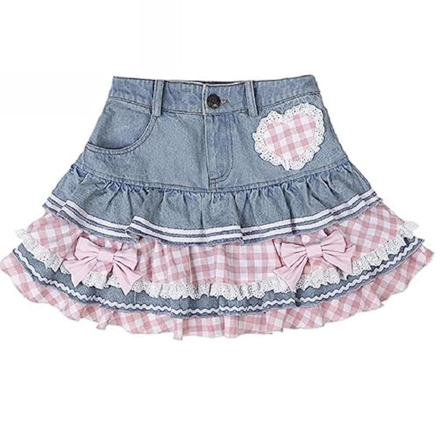 Barley Direct Preppy Lolita Kawaii Skirts Sweet Mini Women Cute Ball Gown Denim Skirt Y2K High Waist Lace Cake Skirts(Blue,Medium)