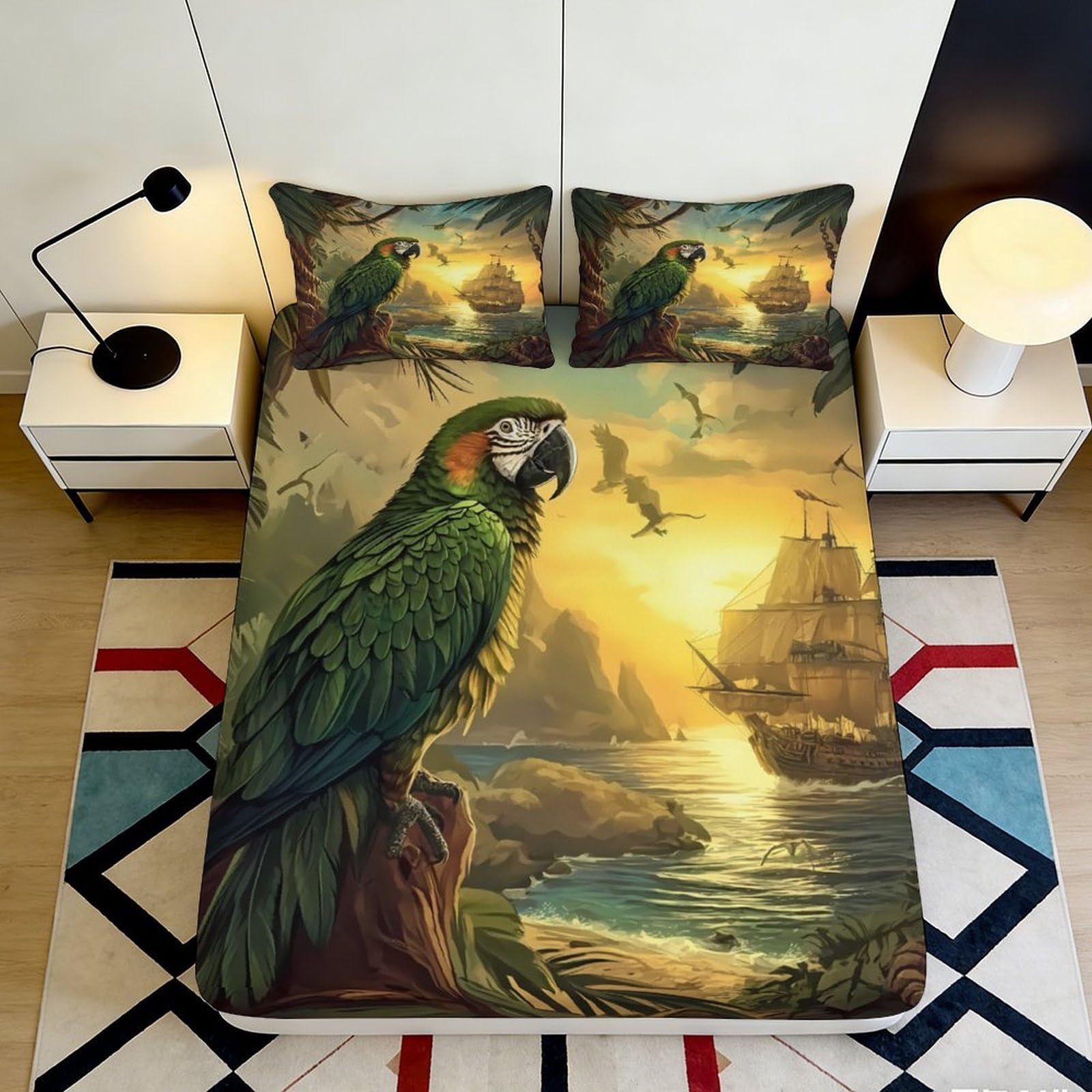 3D Printed Parrot Sunset Fitted Sheet Microfiber Soft Breathable Pirate Ship Mattress Cover for Bedroom Decor 160x200x25cm